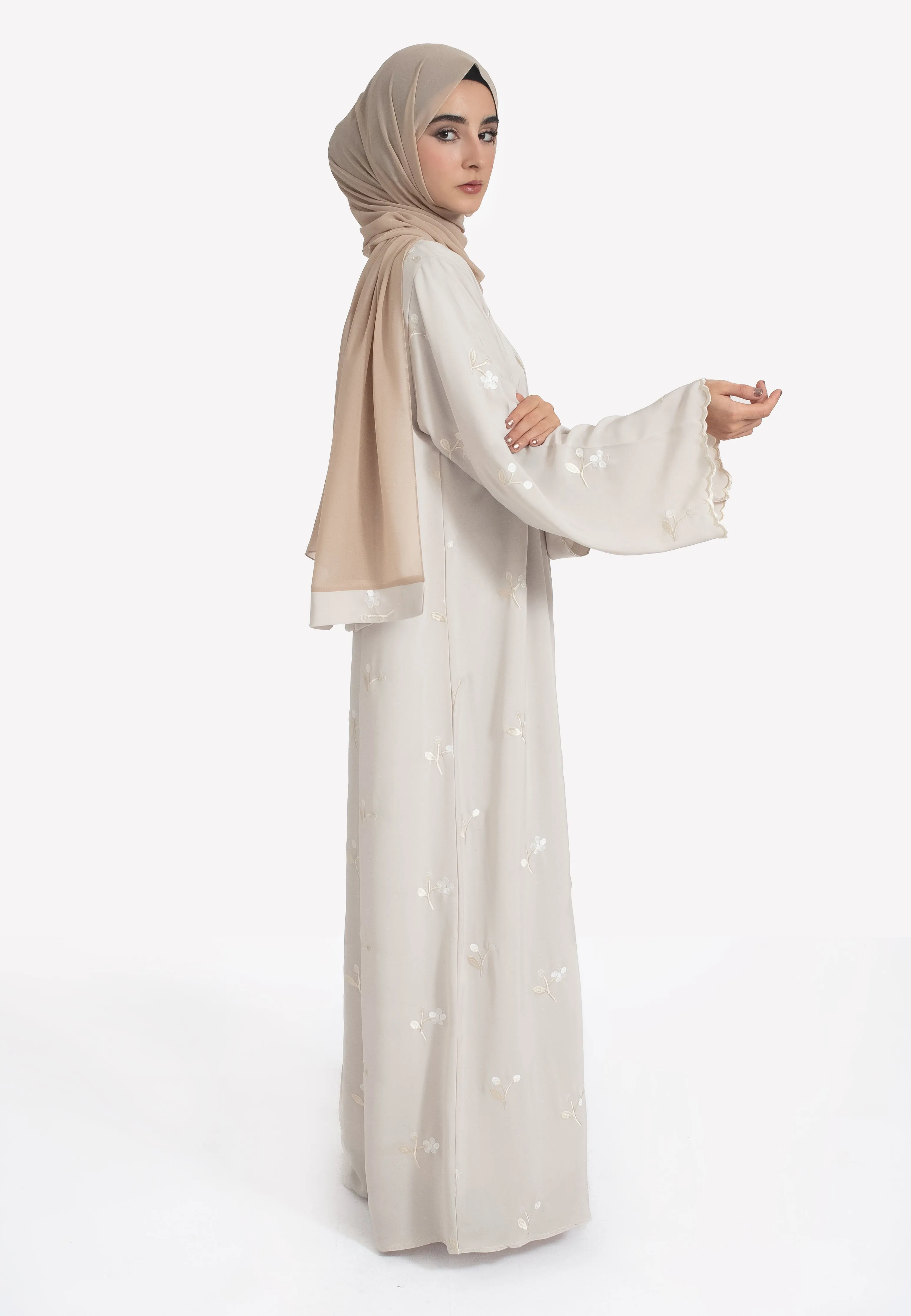 Jasmine Embroidered Closed Abaya With Zip - Beige