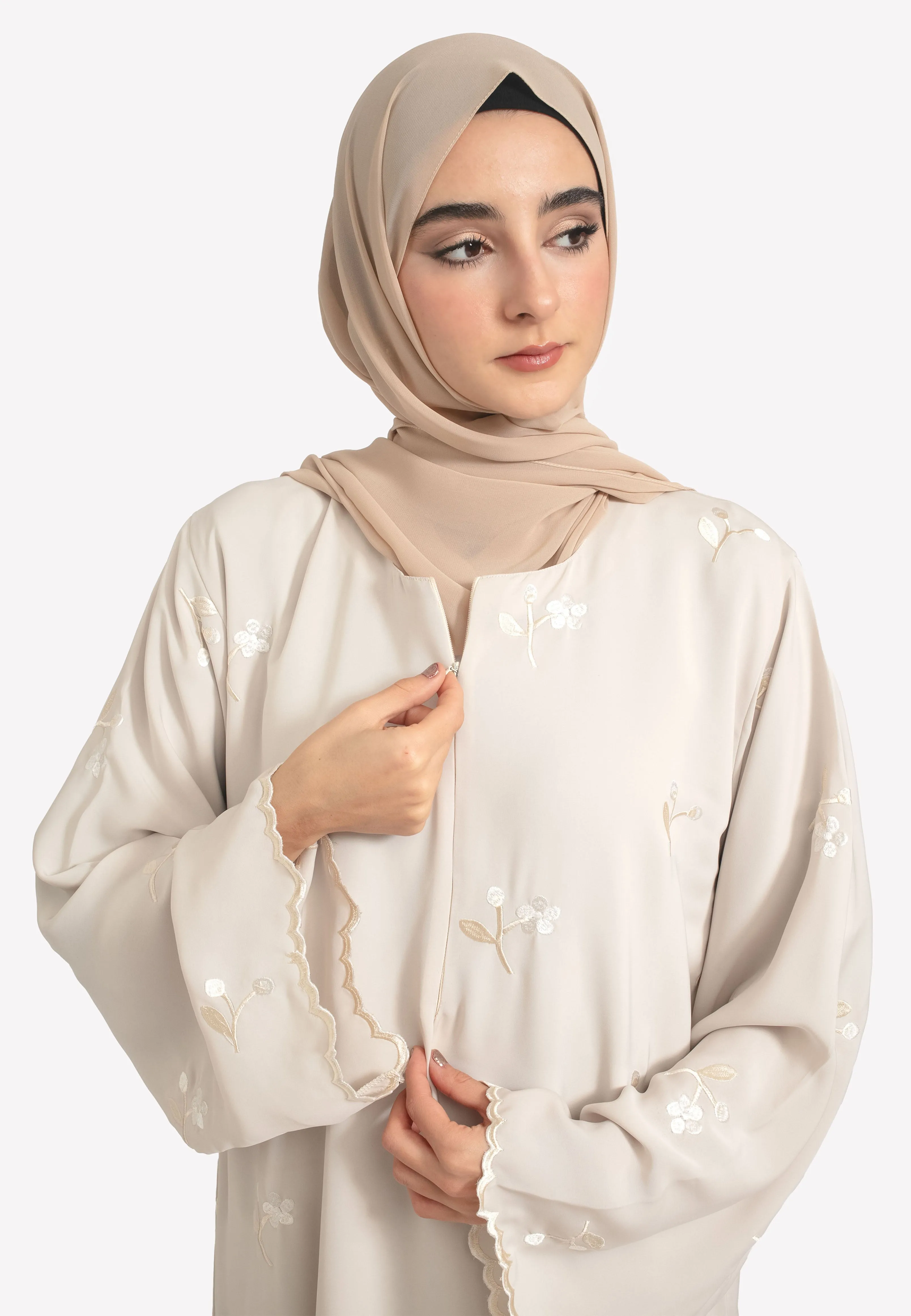 Jasmine Embroidered Closed Abaya With Zip - Beige