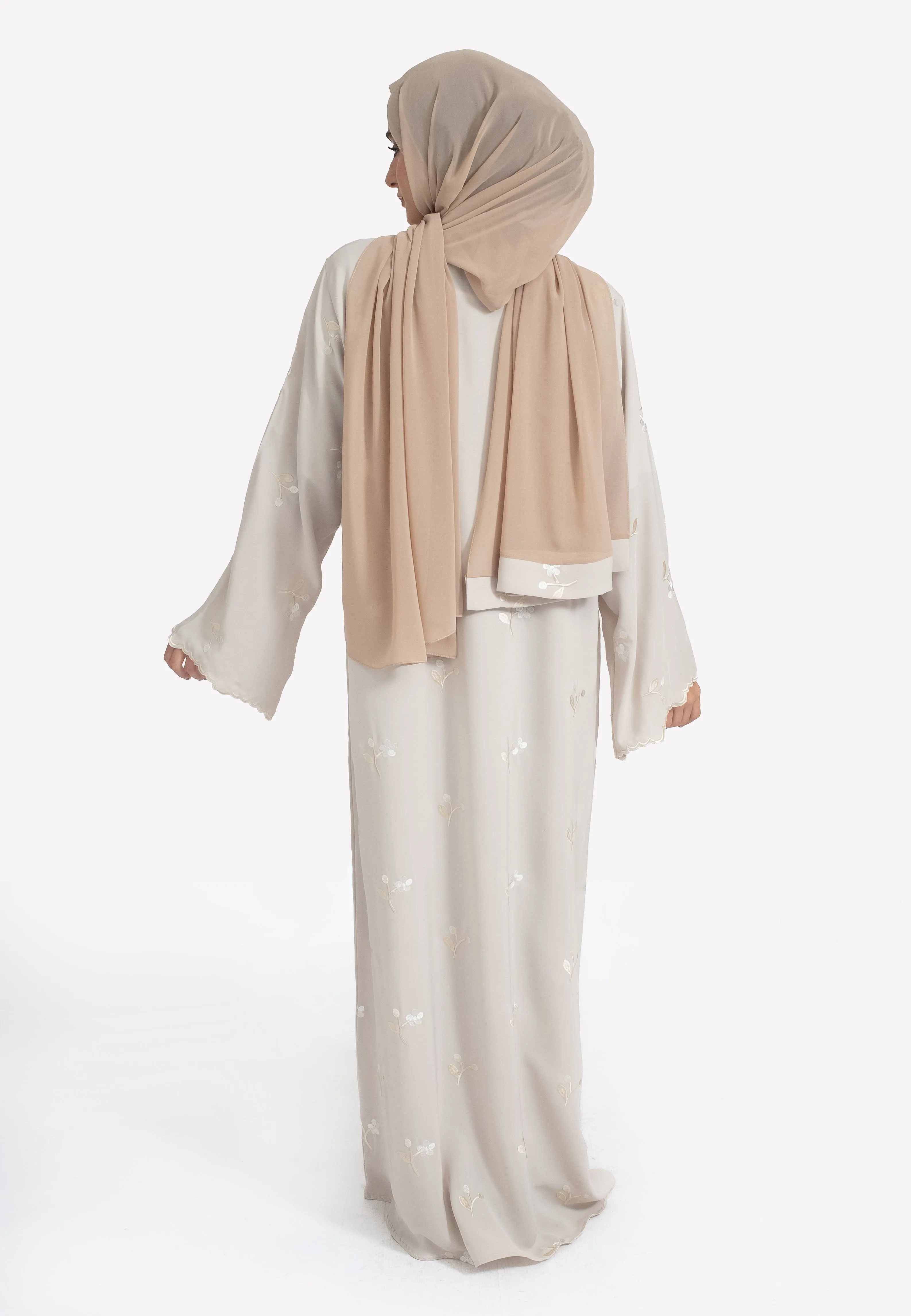 Jasmine Embroidered Closed Abaya With Zip - Beige