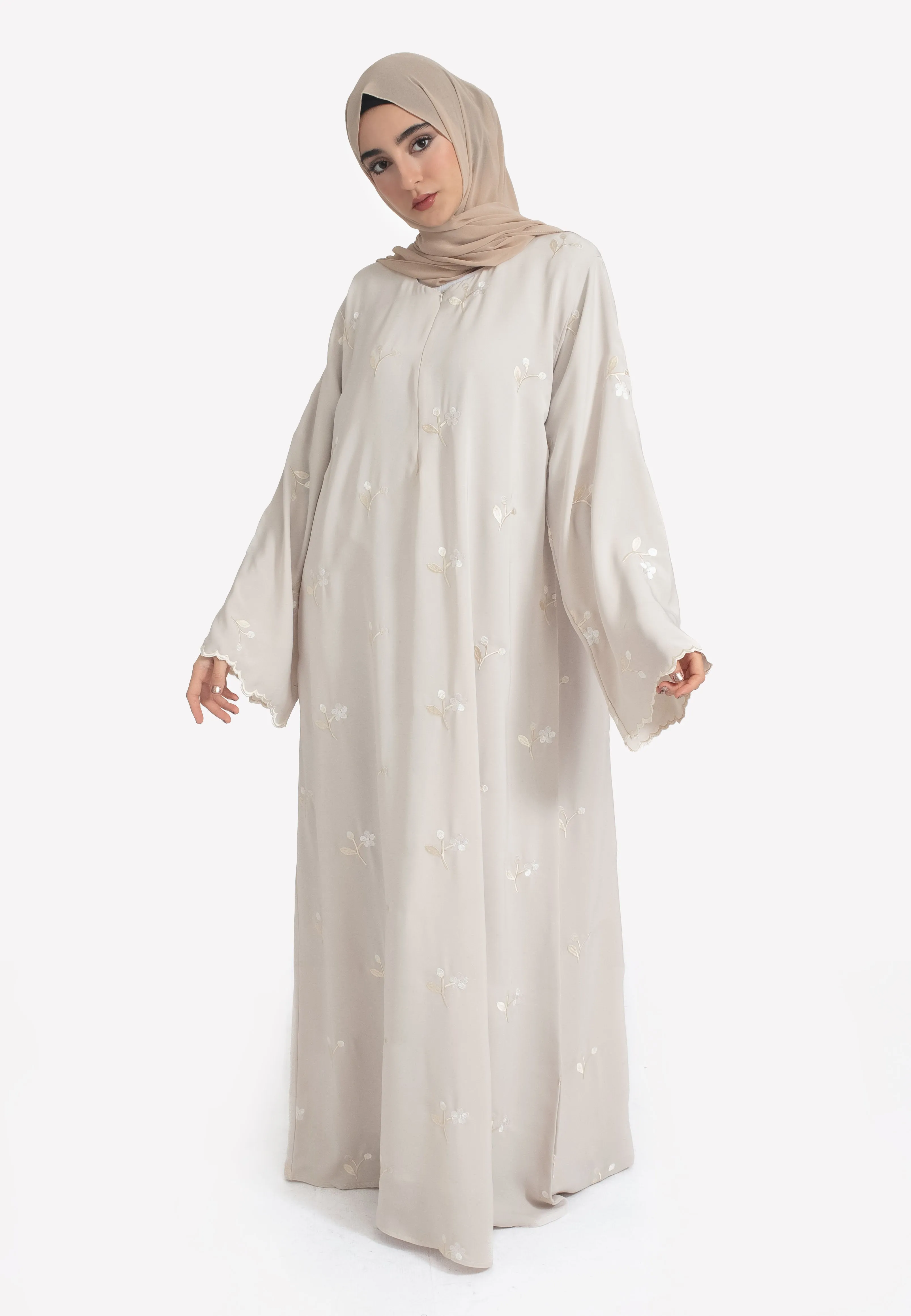 Jasmine Embroidered Closed Abaya With Zip - Beige