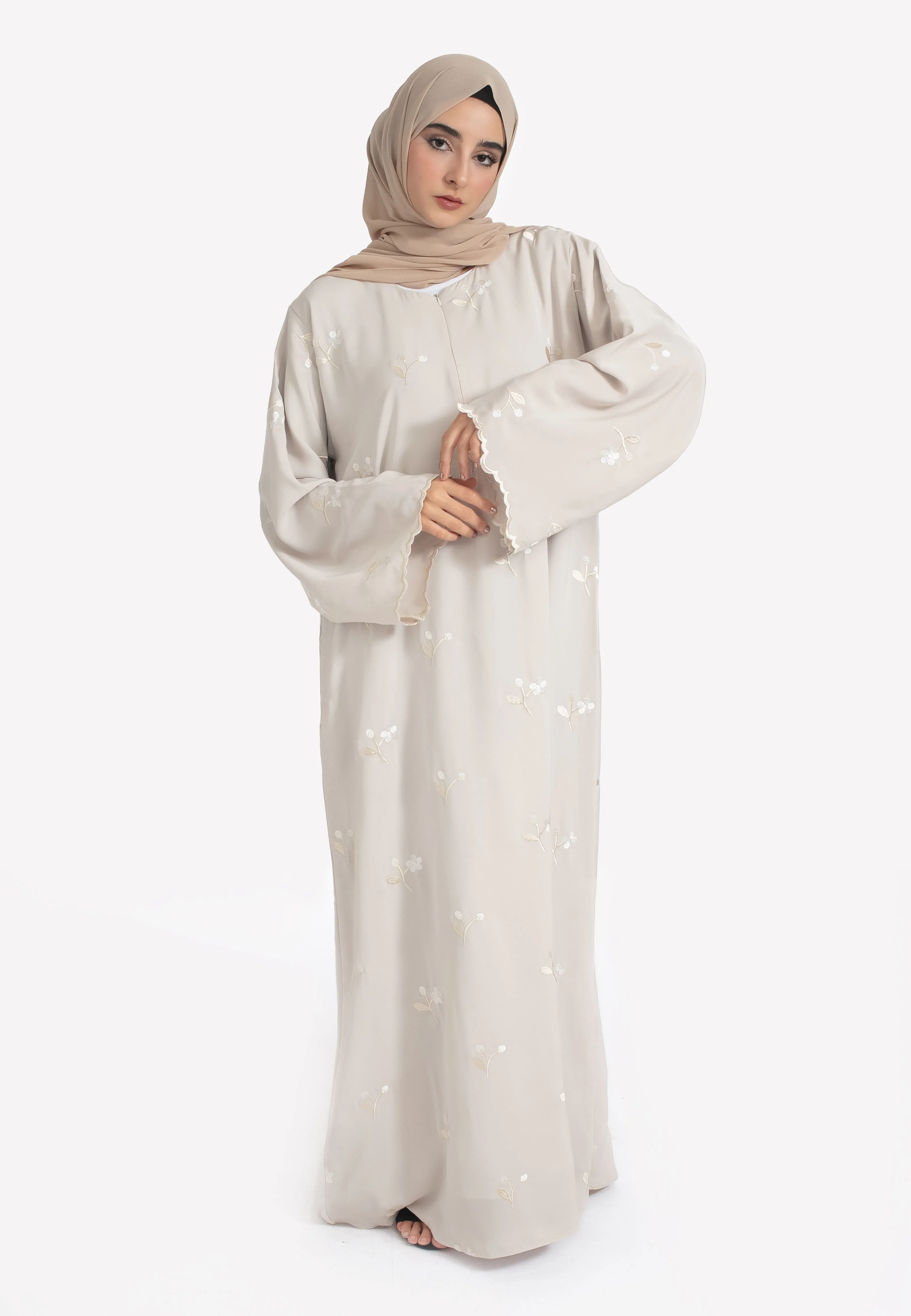 Jasmine Embroidered Closed Abaya With Zip - Beige