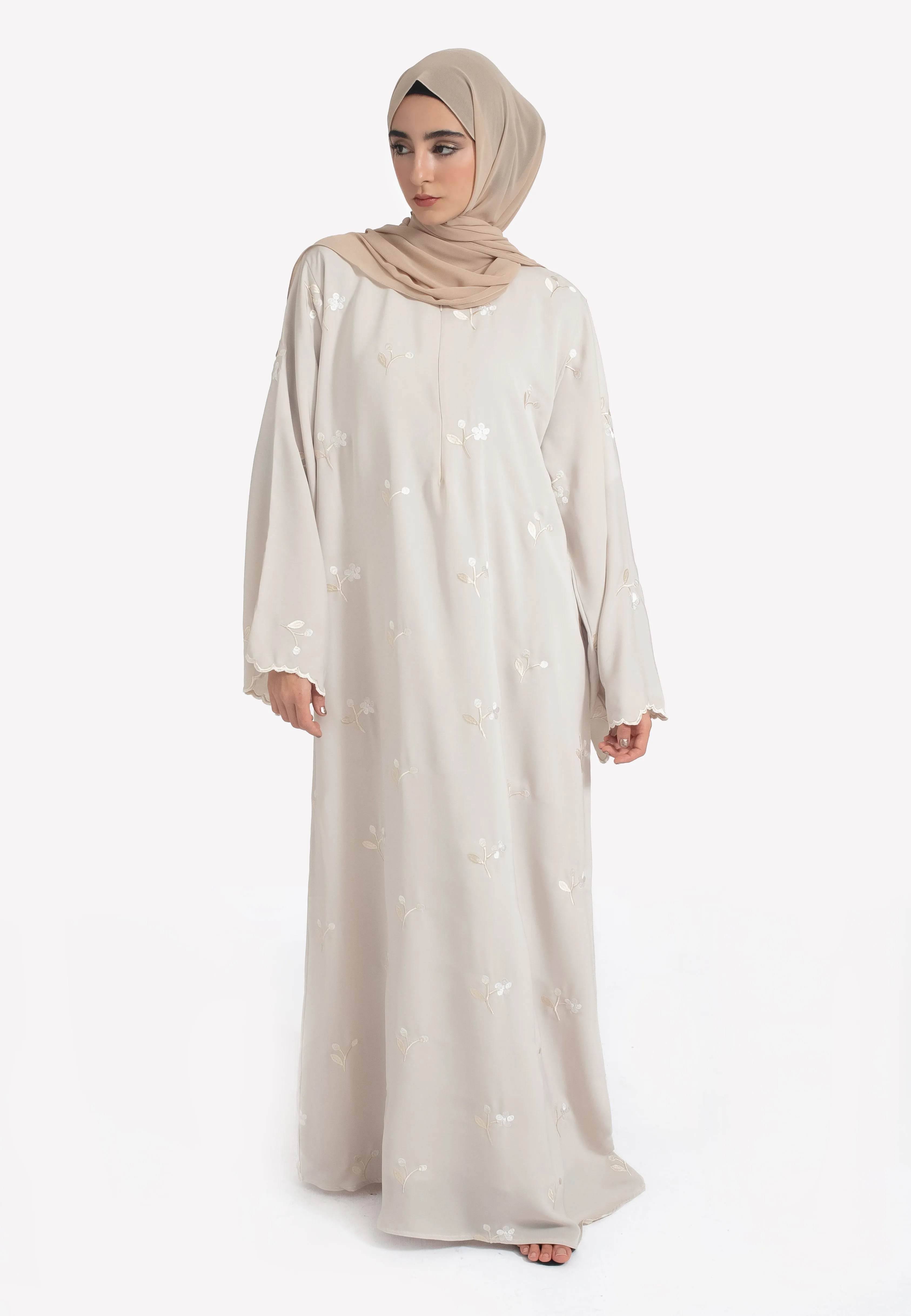 Jasmine Embroidered Closed Abaya With Zip - Beige