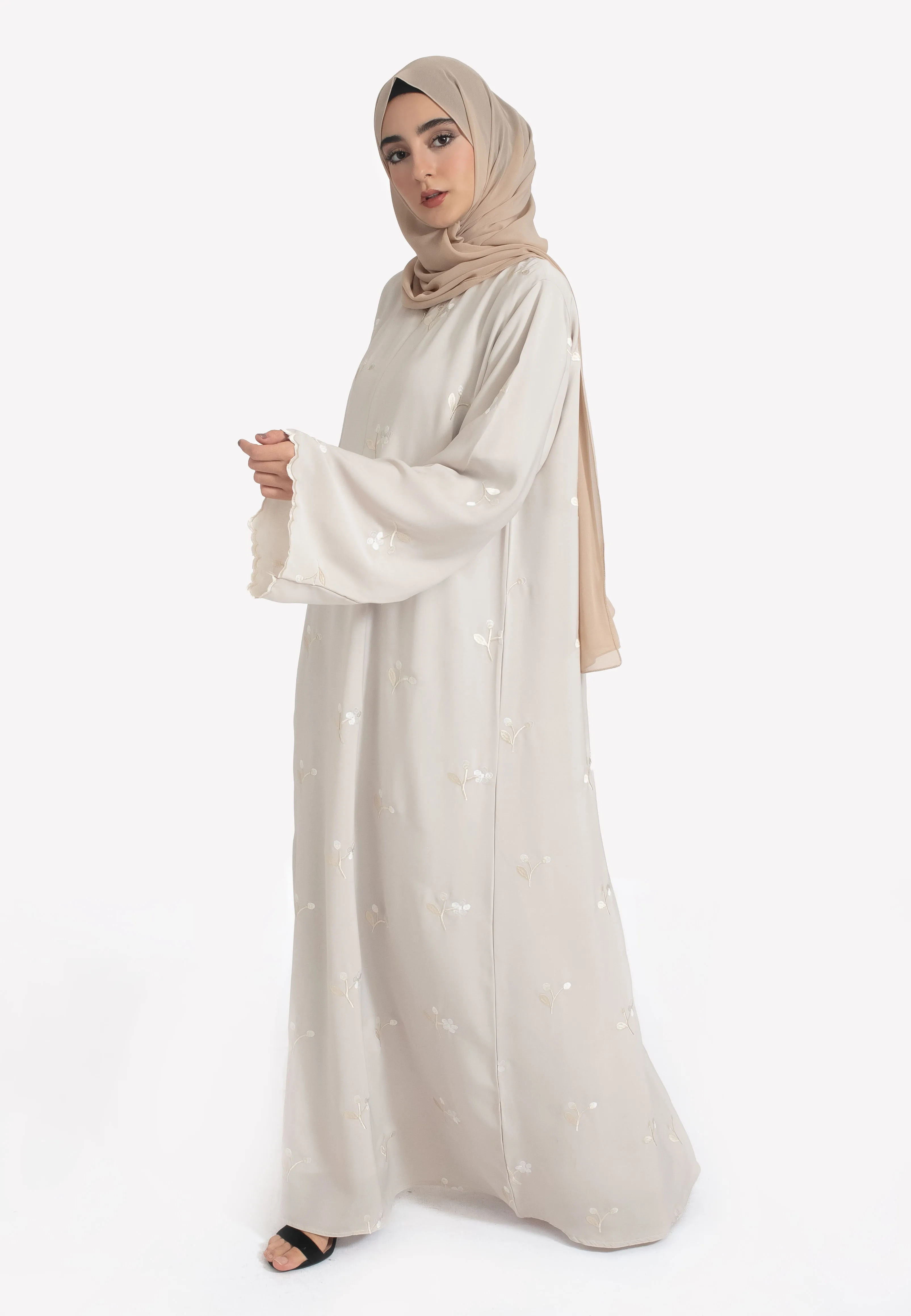 Jasmine Embroidered Closed Abaya With Zip - Beige