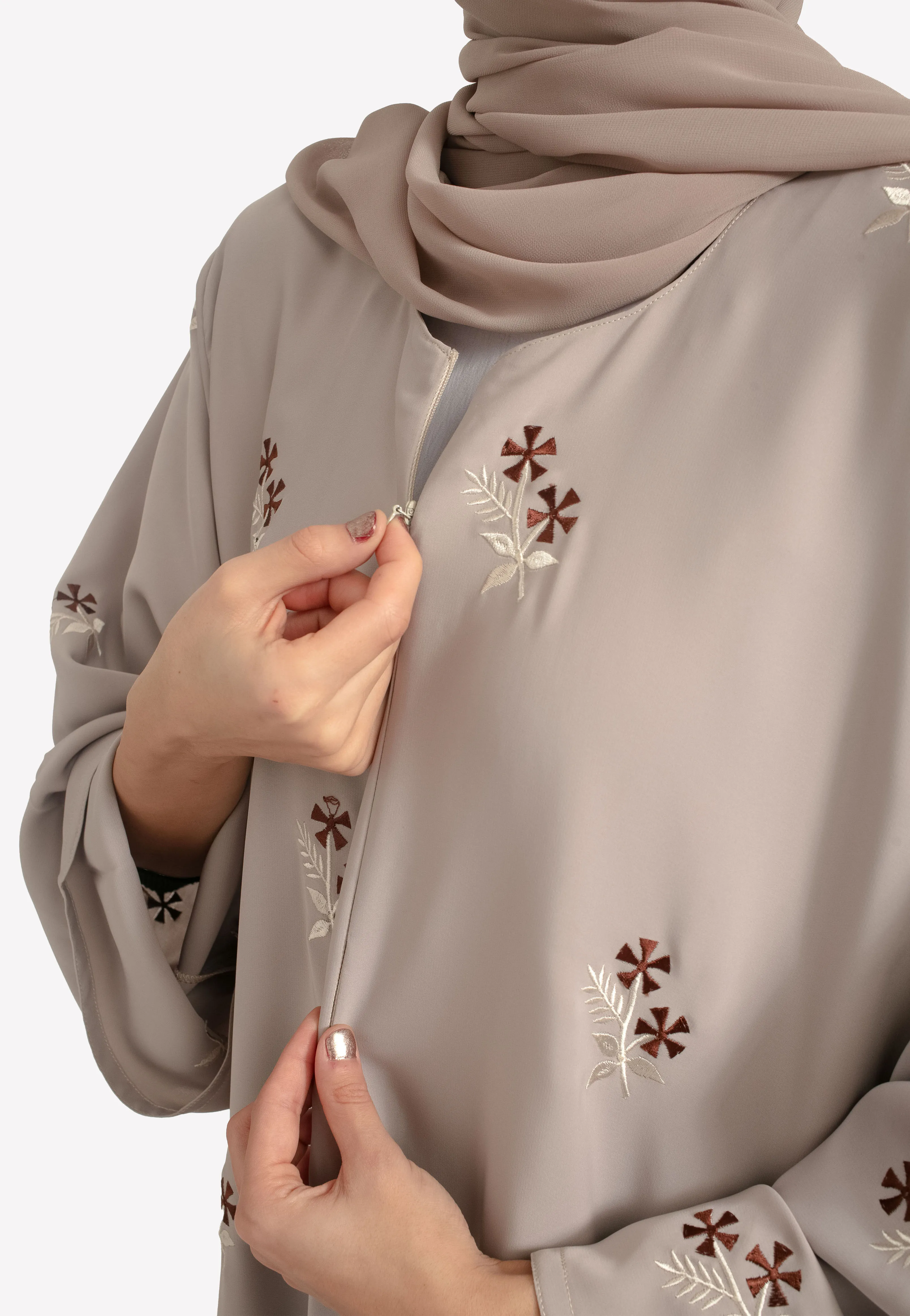 Jasmine Star Embroidered Closed Abaya With Zip - Taupe