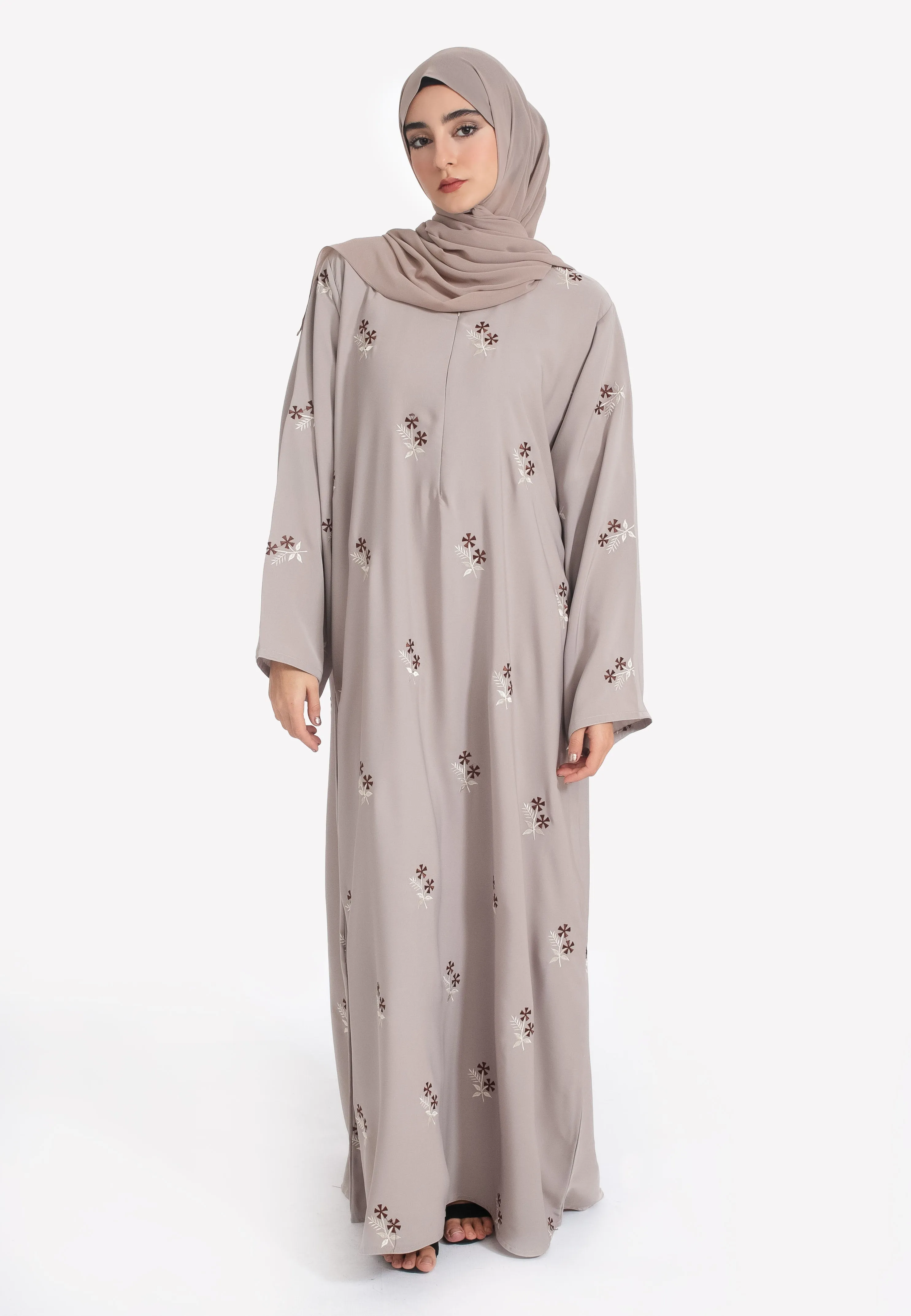 Jasmine Star Embroidered Closed Abaya With Zip - Taupe
