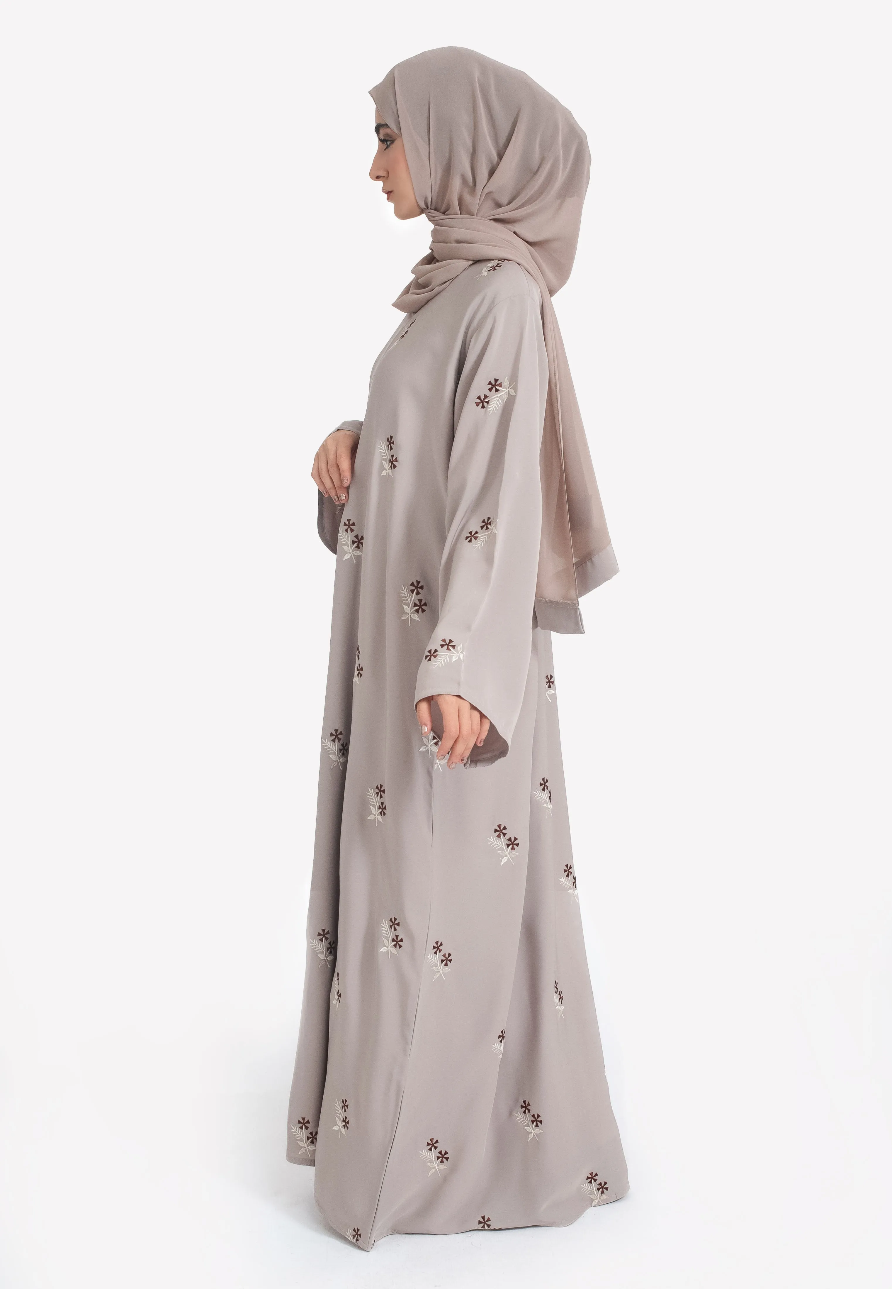 Jasmine Star Embroidered Closed Abaya With Zip - Taupe