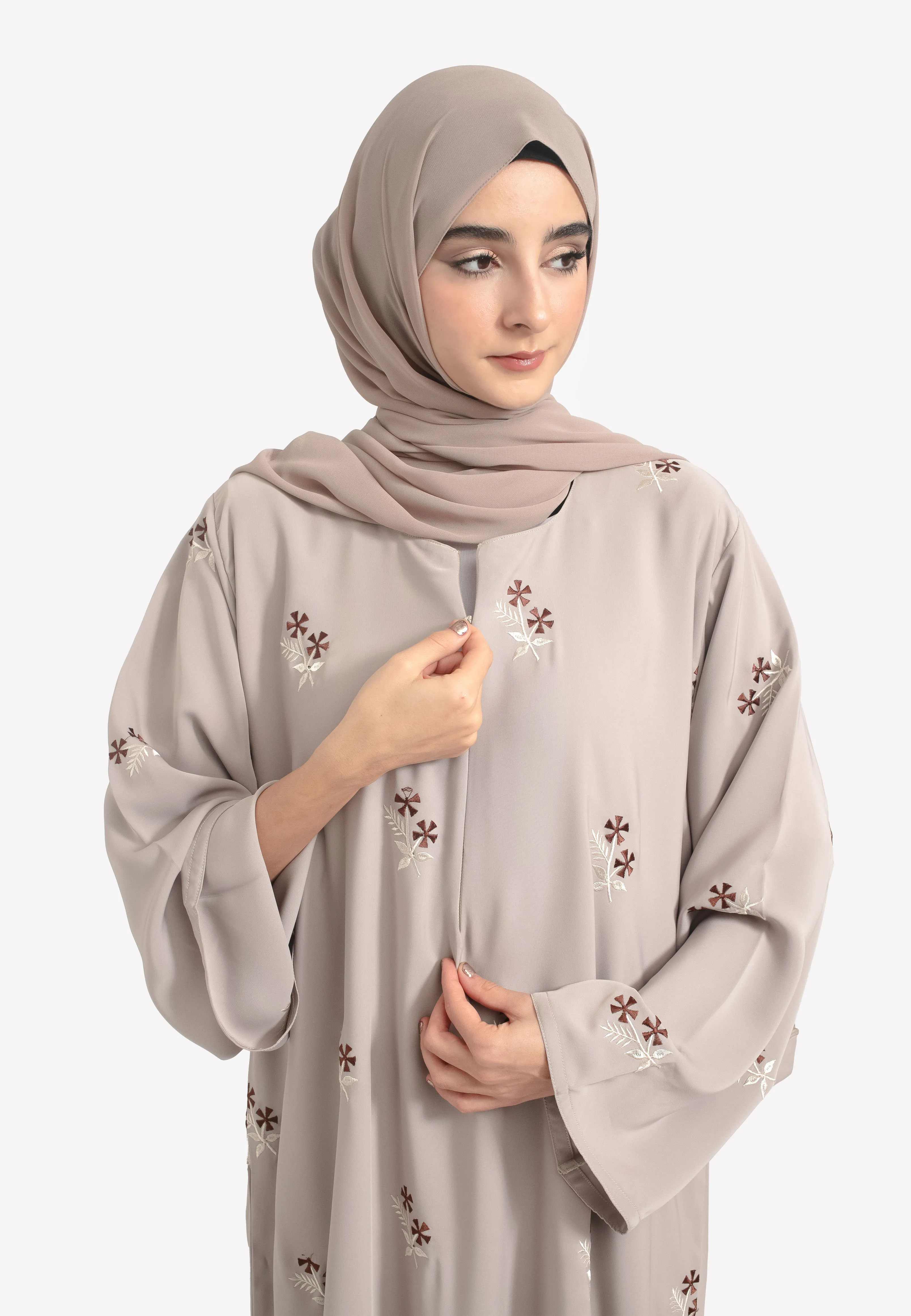 Jasmine Star Embroidered Closed Abaya With Zip - Taupe