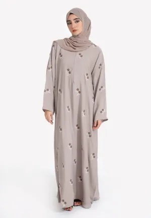 Jasmine Star Embroidered Closed Abaya With Zip - Taupe