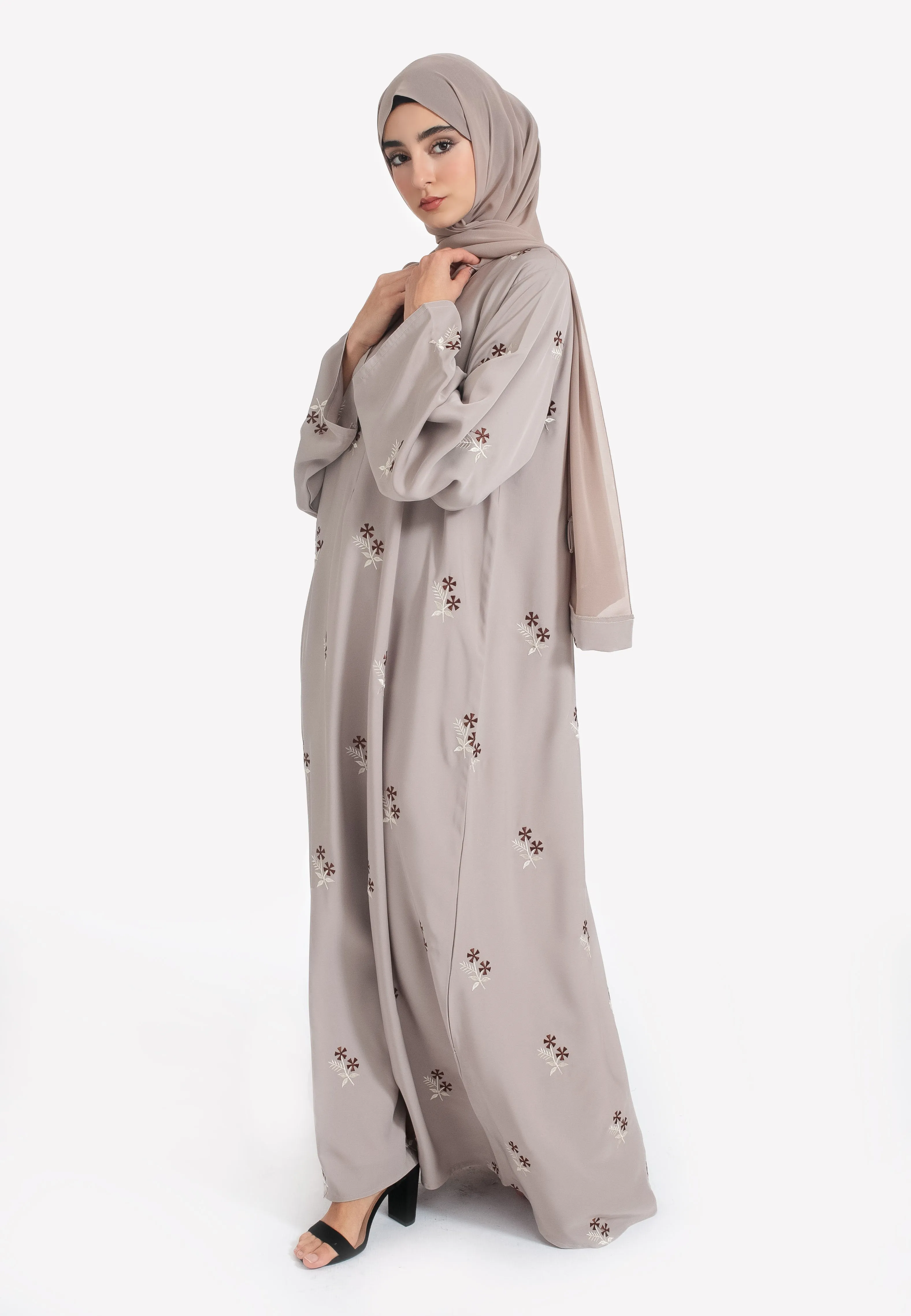 Jasmine Star Embroidered Closed Abaya With Zip - Taupe