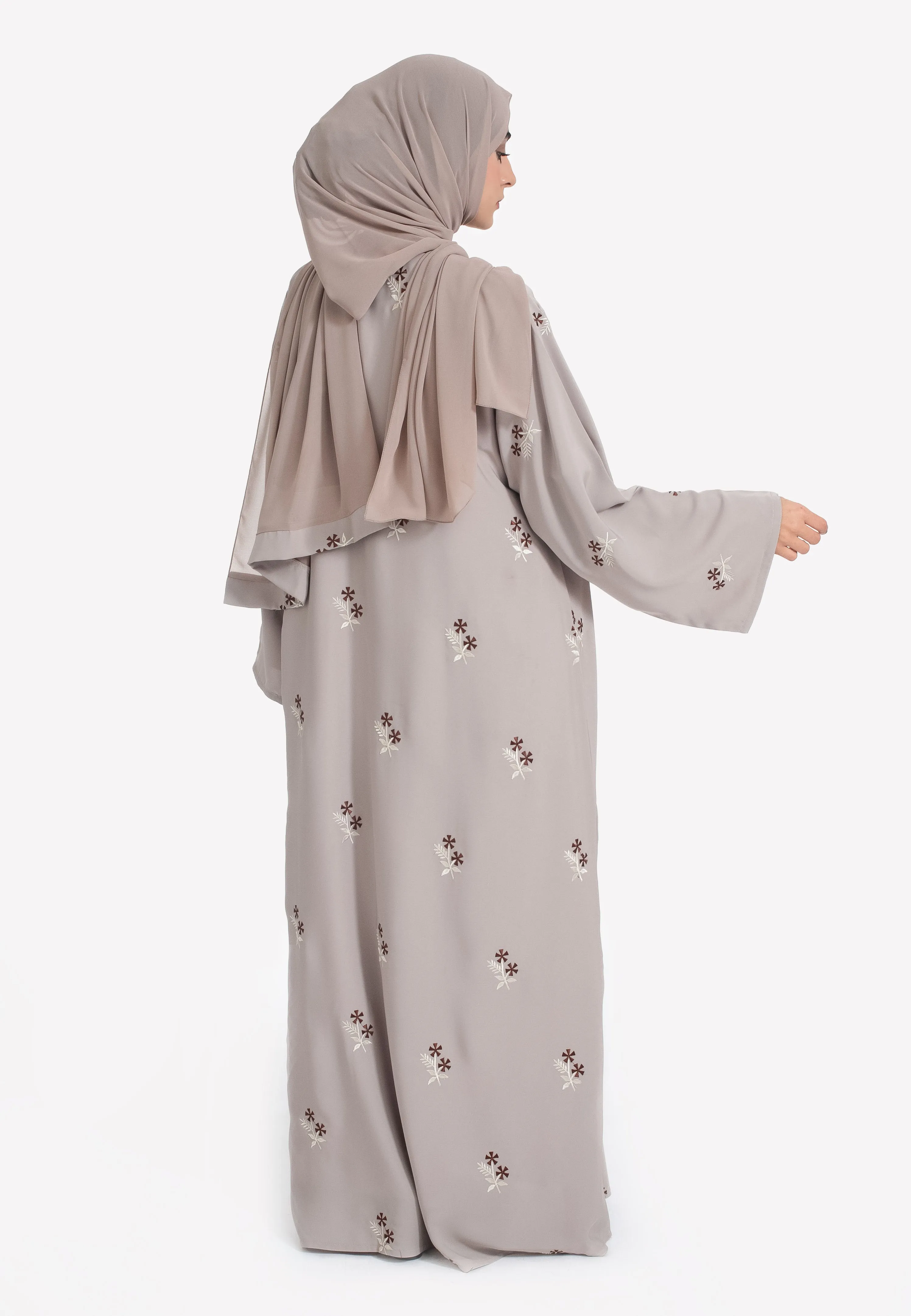Jasmine Star Embroidered Closed Abaya With Zip - Taupe