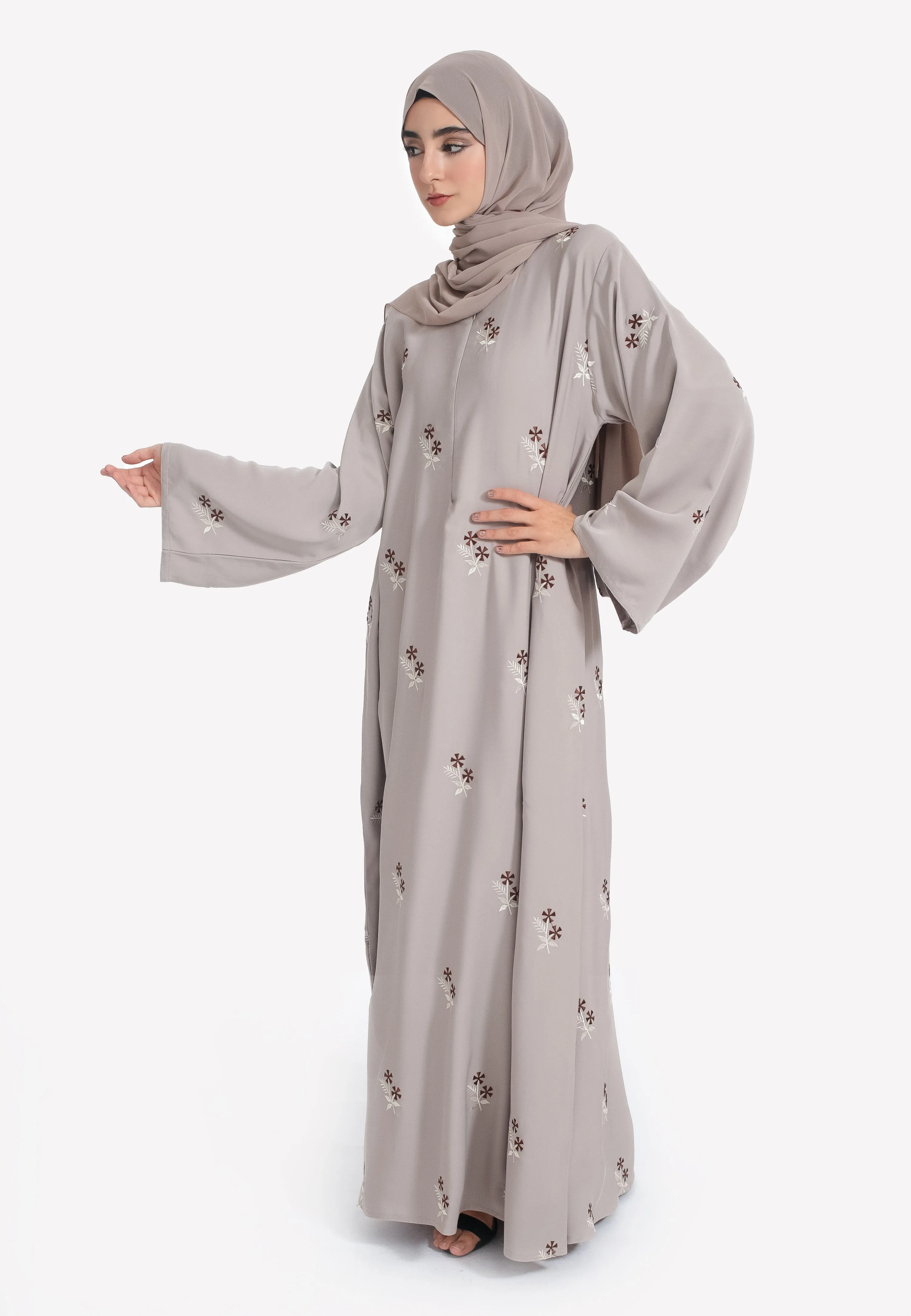 Jasmine Star Embroidered Closed Abaya With Zip - Taupe