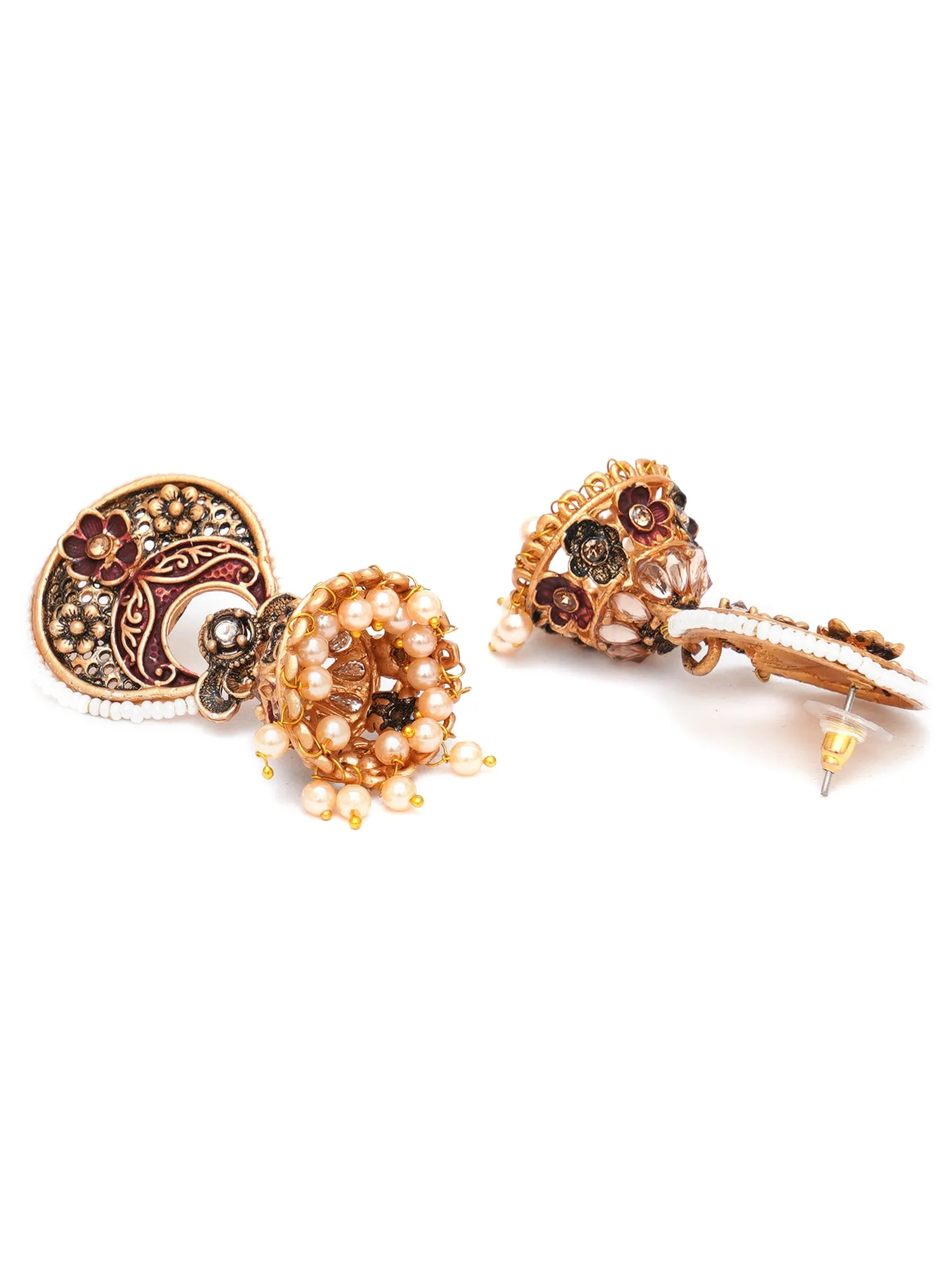Karatcart Antique Gold Plated White Beaded Maroon Floral Jhumki Earrings for Women