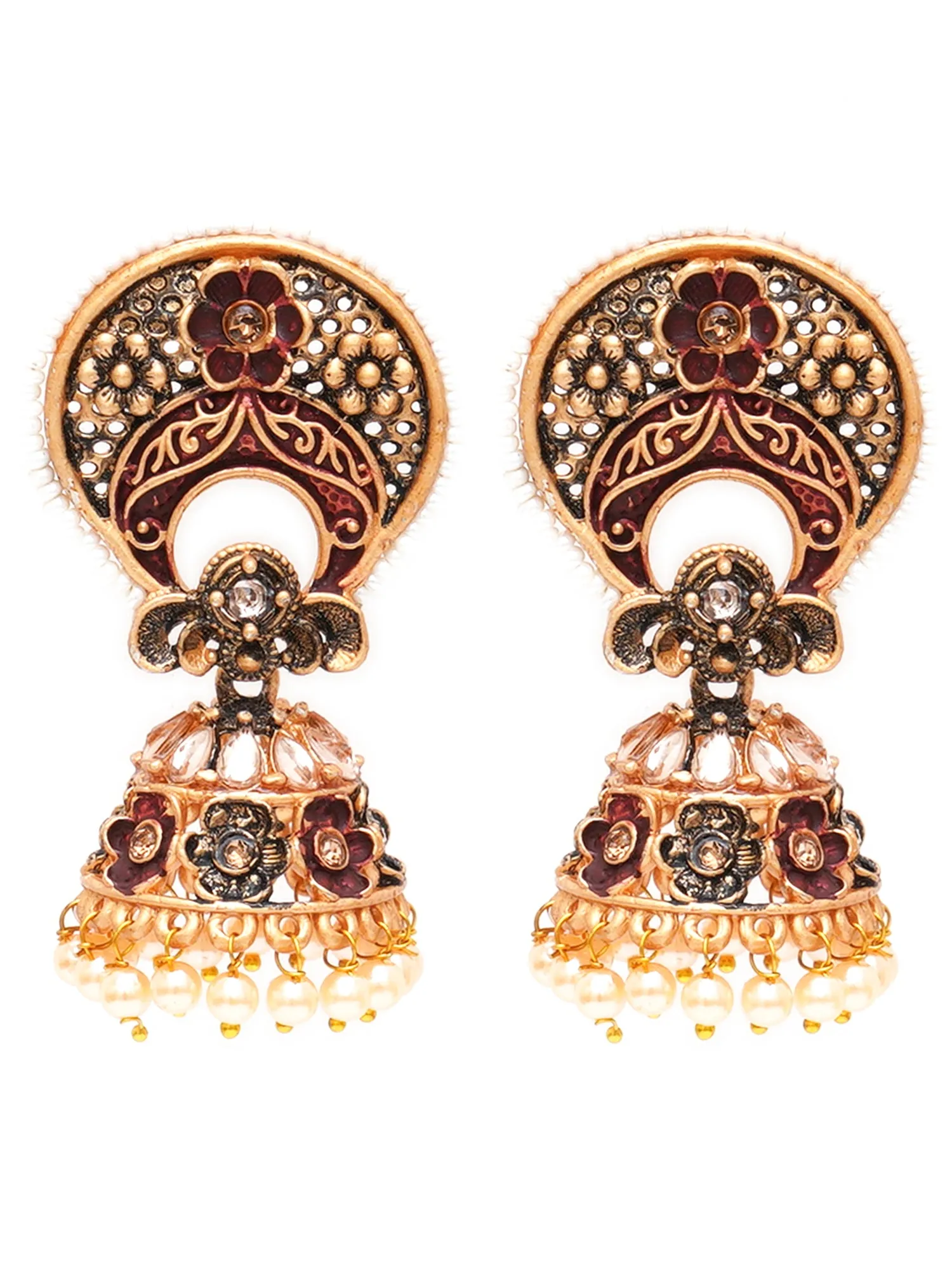 Karatcart Antique Gold Plated White Beaded Maroon Floral Jhumki Earrings for Women