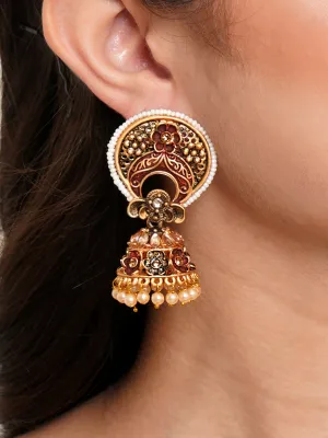 Karatcart Antique Gold Plated White Beaded Maroon Floral Jhumki Earrings for Women
