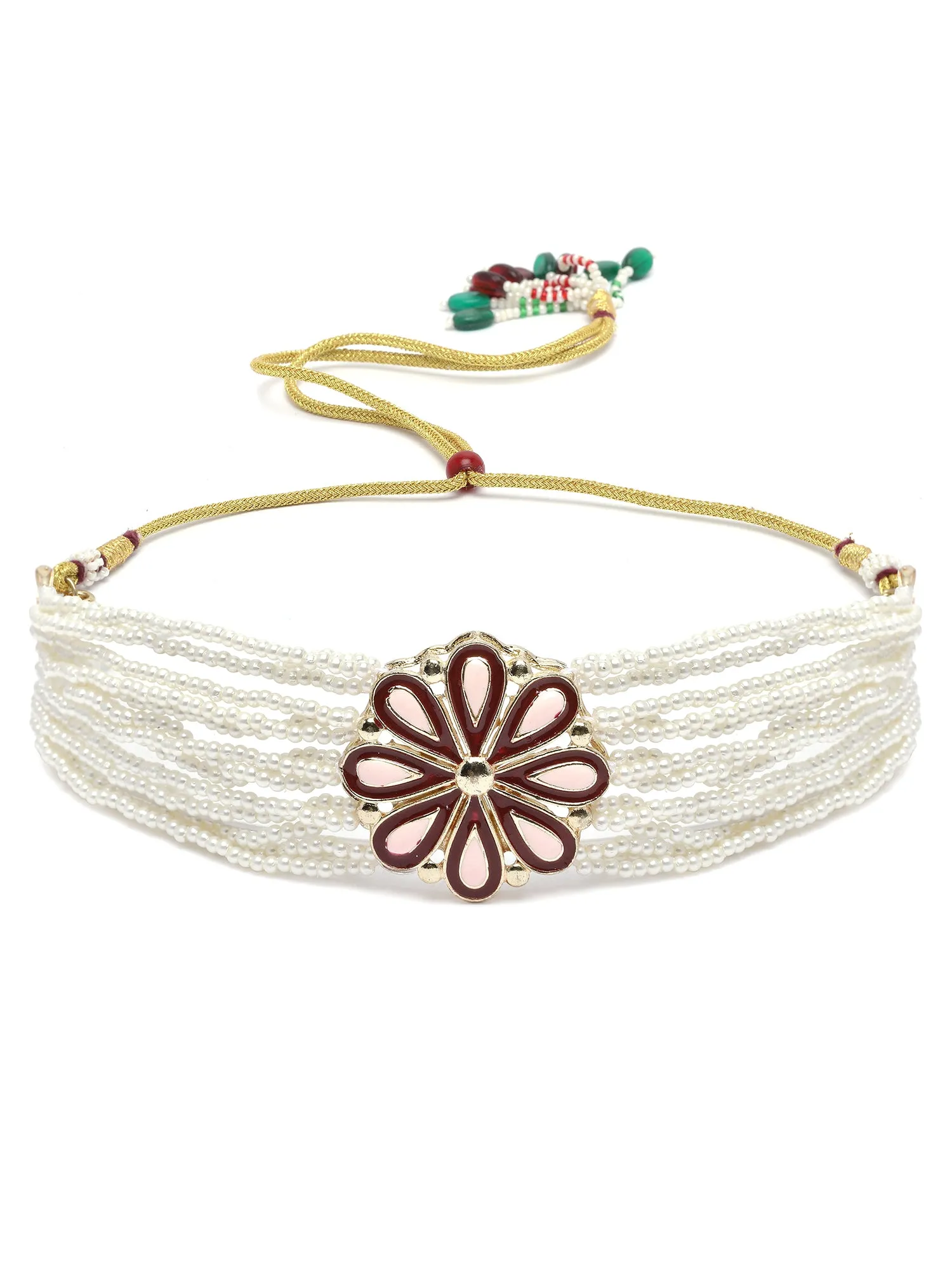 Karatcart Gold Plated Maroon Meena Floral Pearl Beaded Kundan Choker Necklace Set for Women