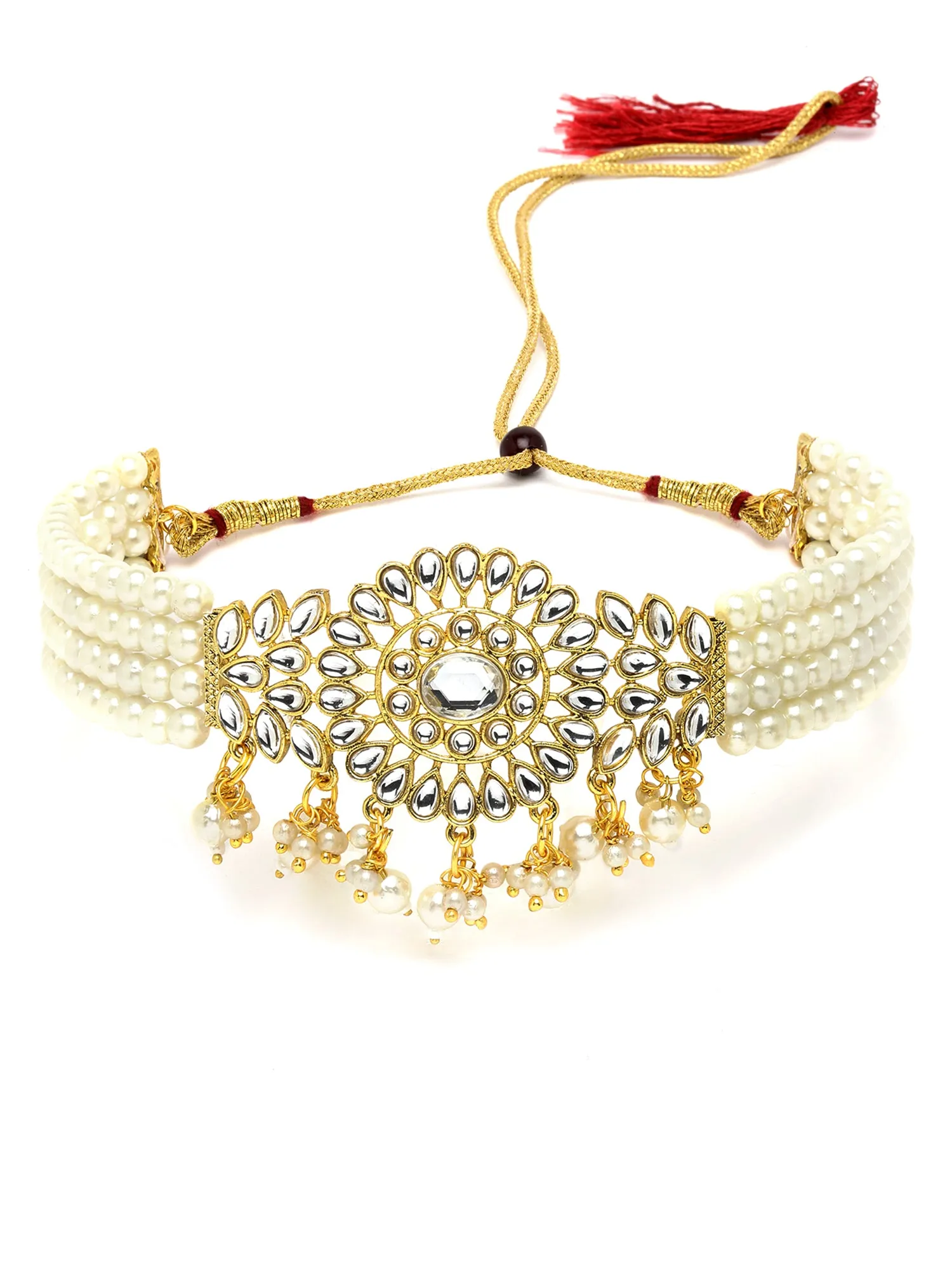 Karatcart Gold Plated Pearl Beaded Kundan Choker Necklace Set
