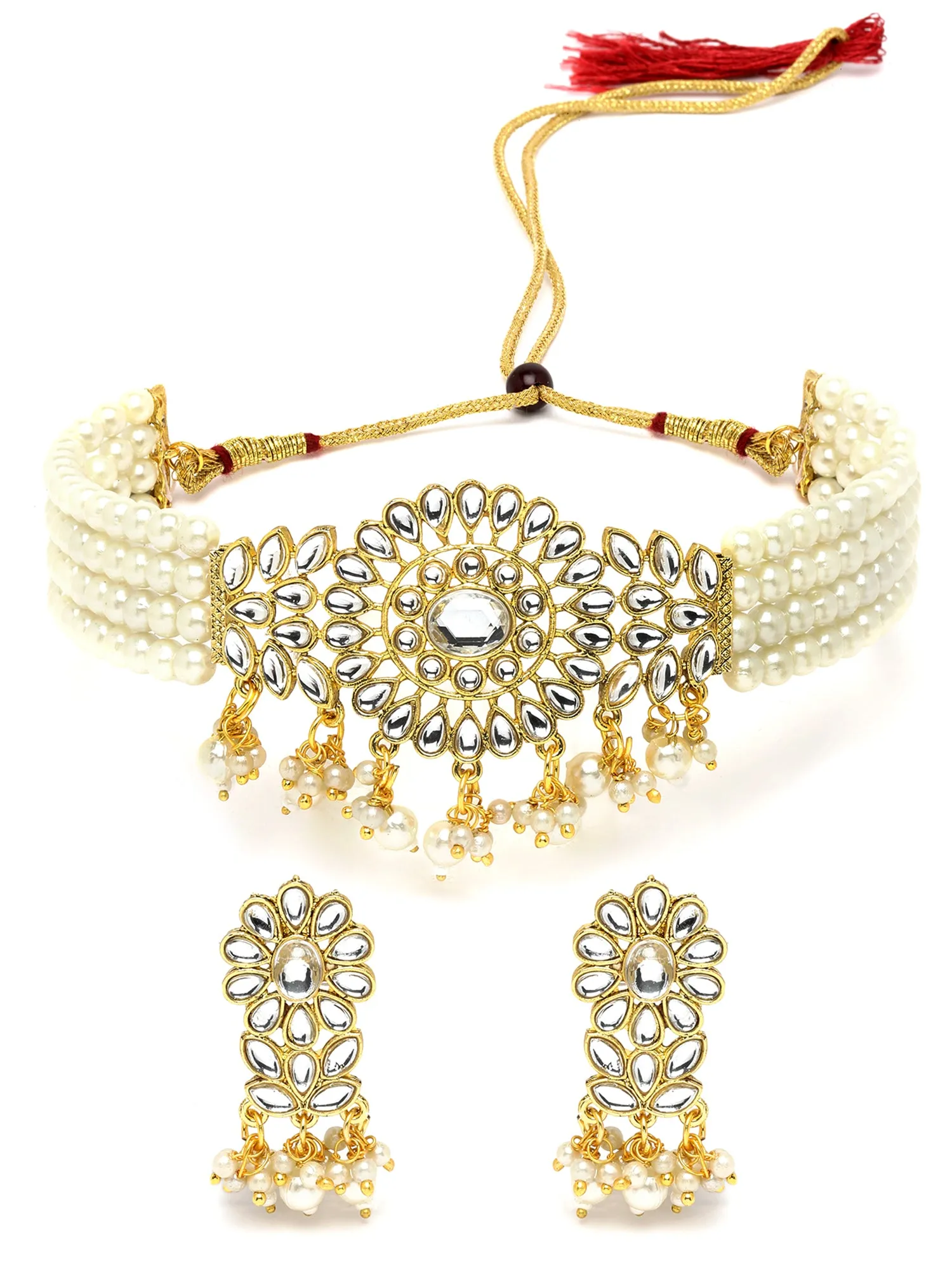 Karatcart Gold Plated Pearl Beaded Kundan Choker Necklace Set