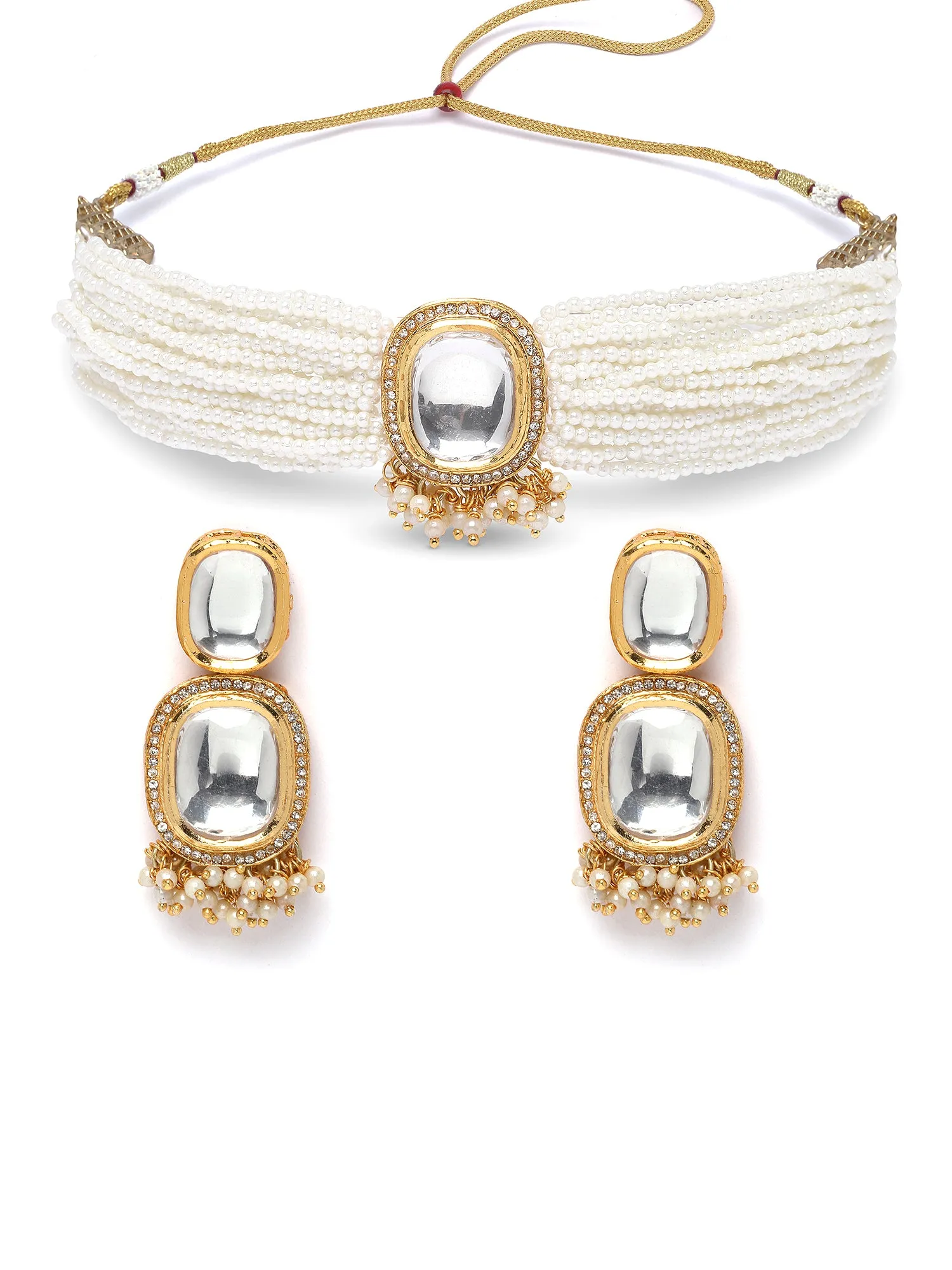 Karatcart Golden Polki Kundan Studded Pearl Beaded Choker Necklace Set for Women