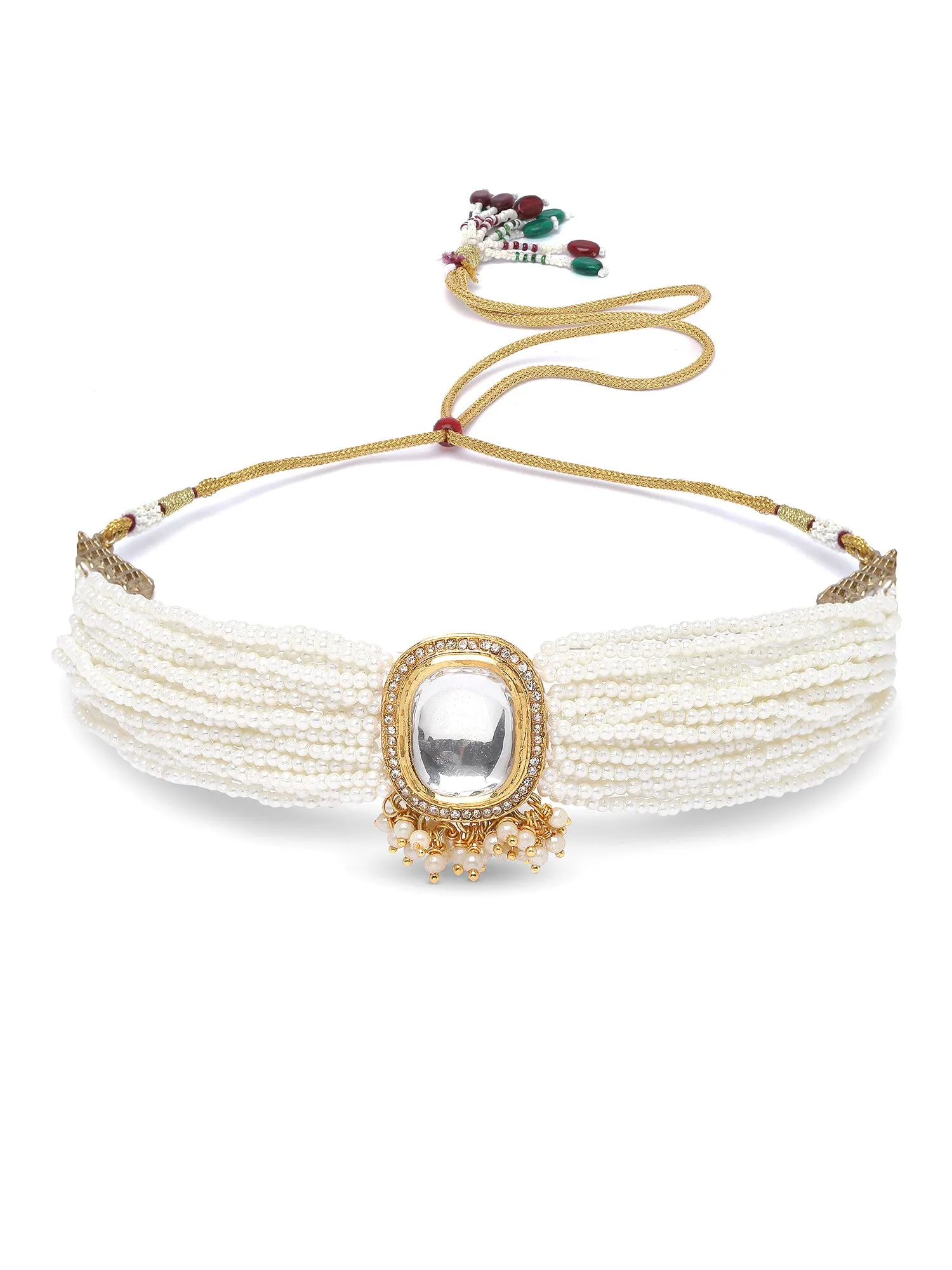 Karatcart Golden Polki Kundan Studded Pearl Beaded Choker Necklace Set for Women