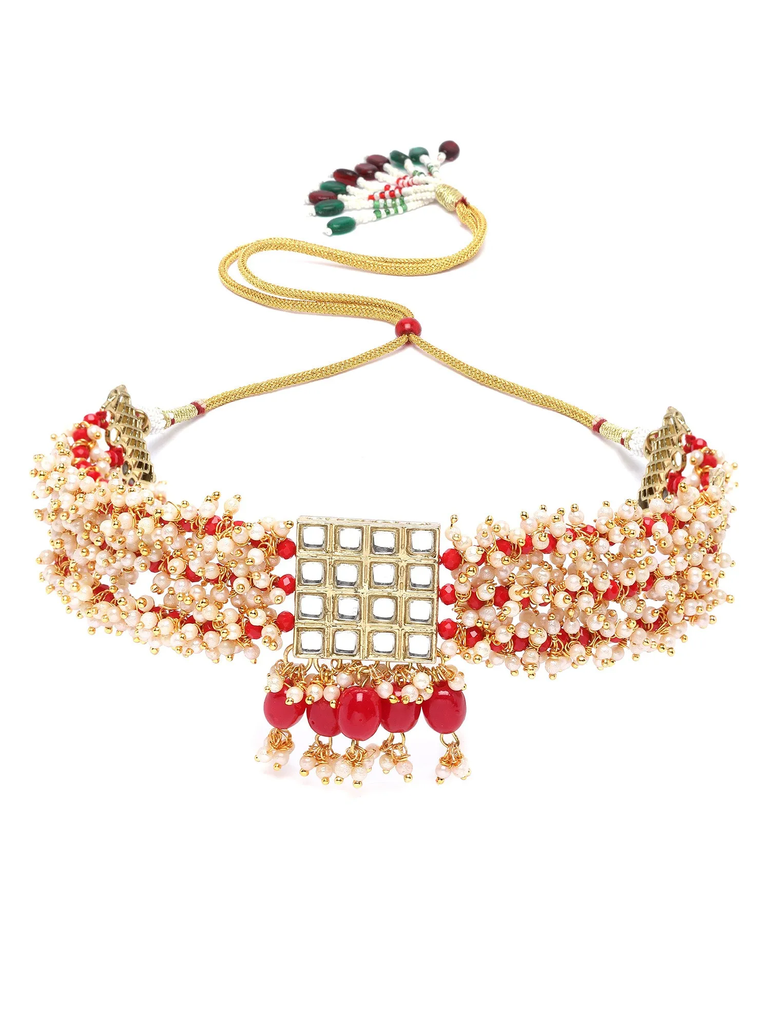 Karatcart Red Crystal and Pearl Beaded Kundan Choker Necklace Set for Women