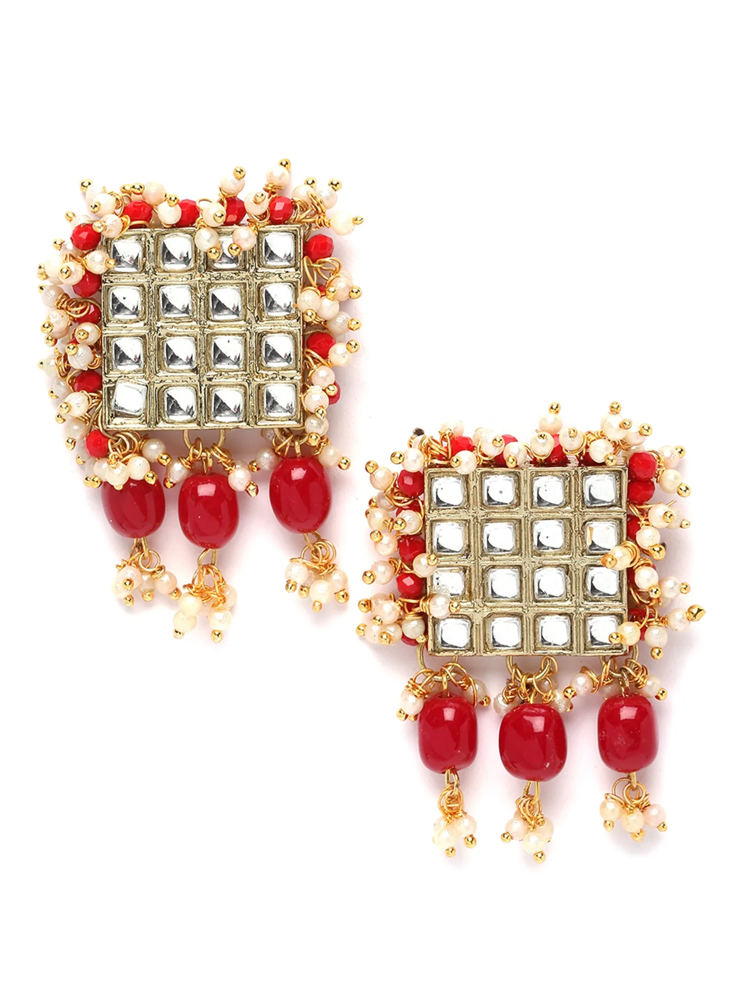Karatcart Red Crystal and Pearl Beaded Kundan Choker Necklace Set for Women