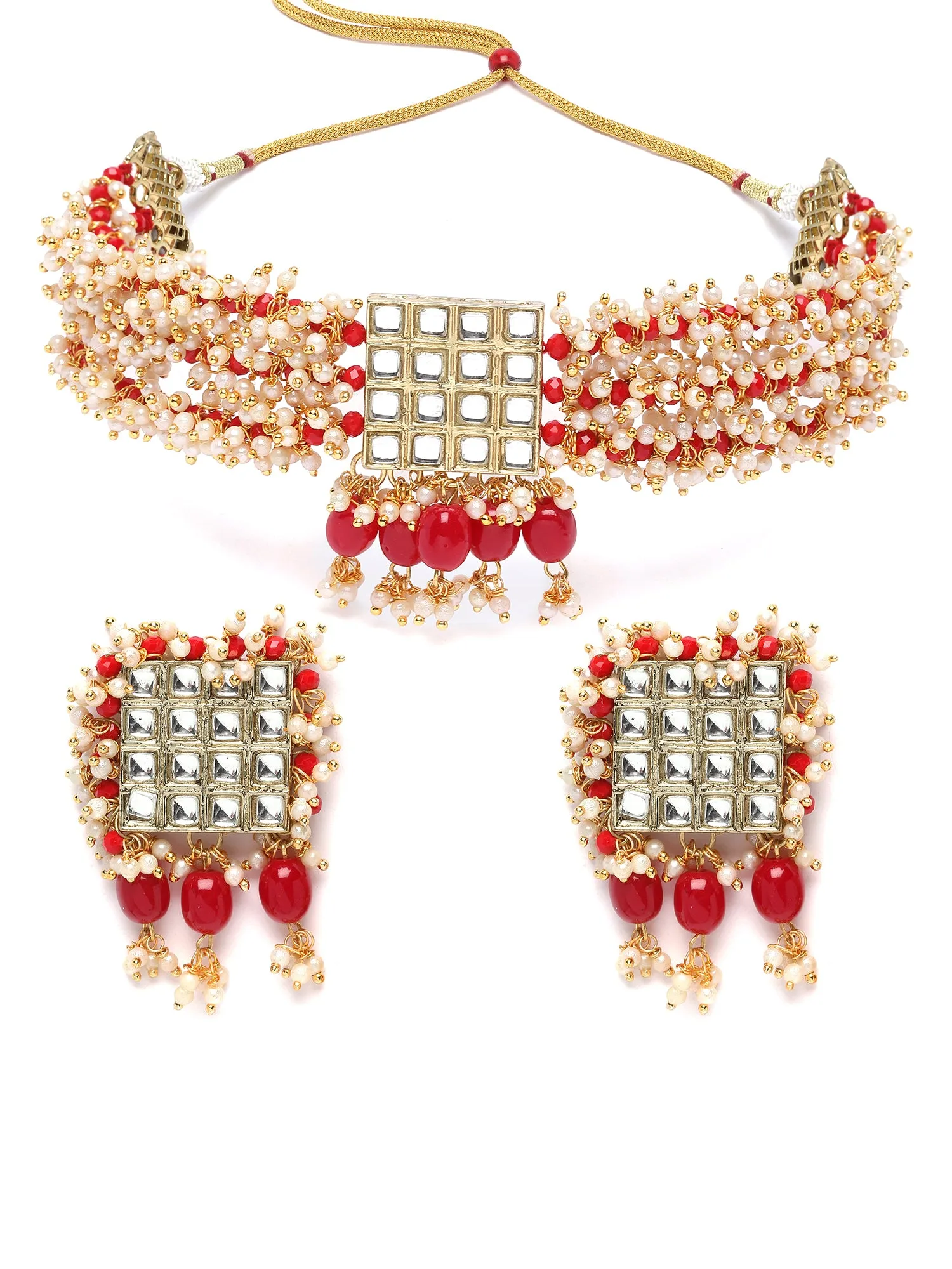 Karatcart Red Crystal and Pearl Beaded Kundan Choker Necklace Set for Women