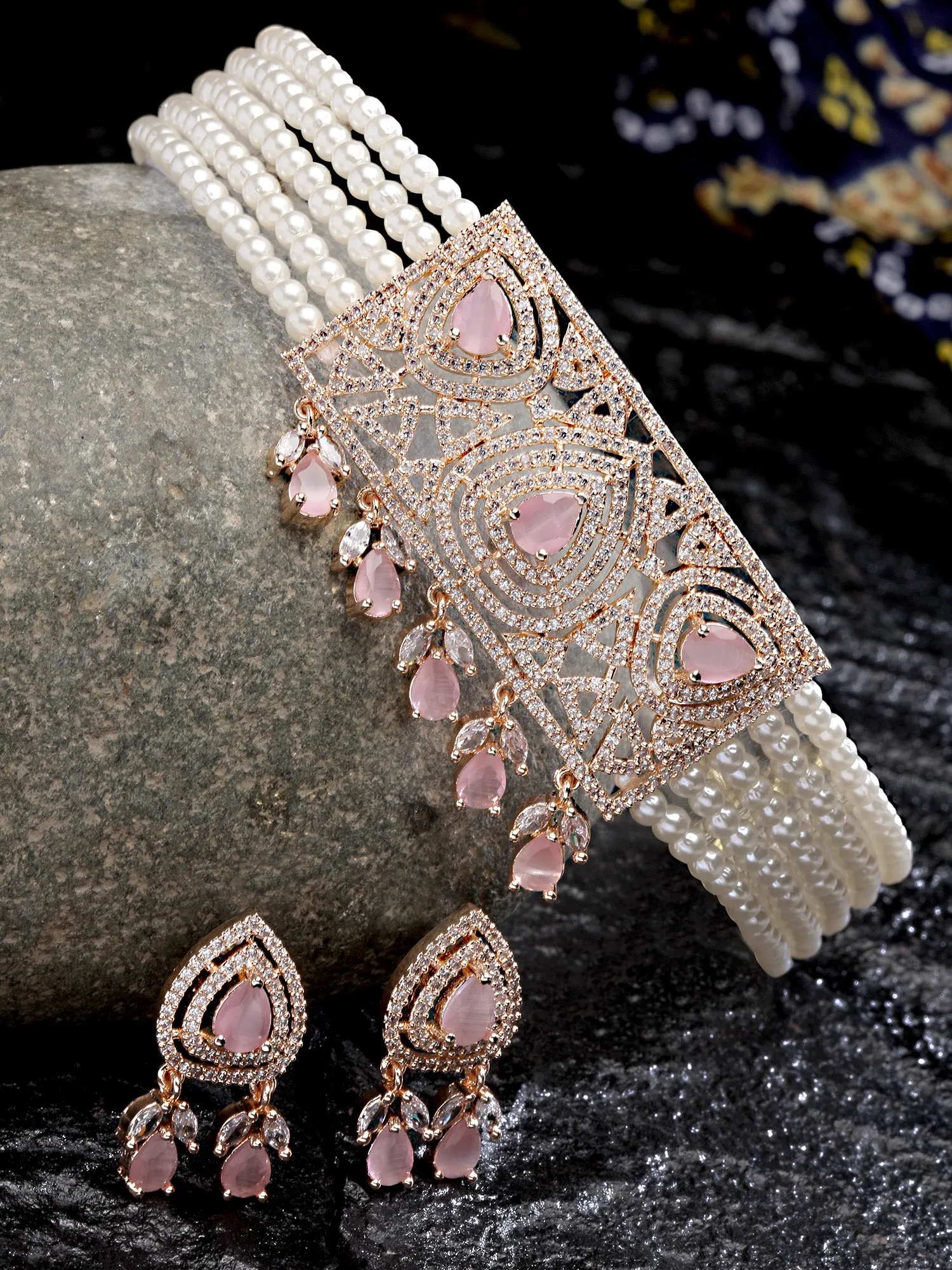 Karatcart Rose Gold Plated Pearl Beaded Cubic Zirconia Choker Necklace Set for Women