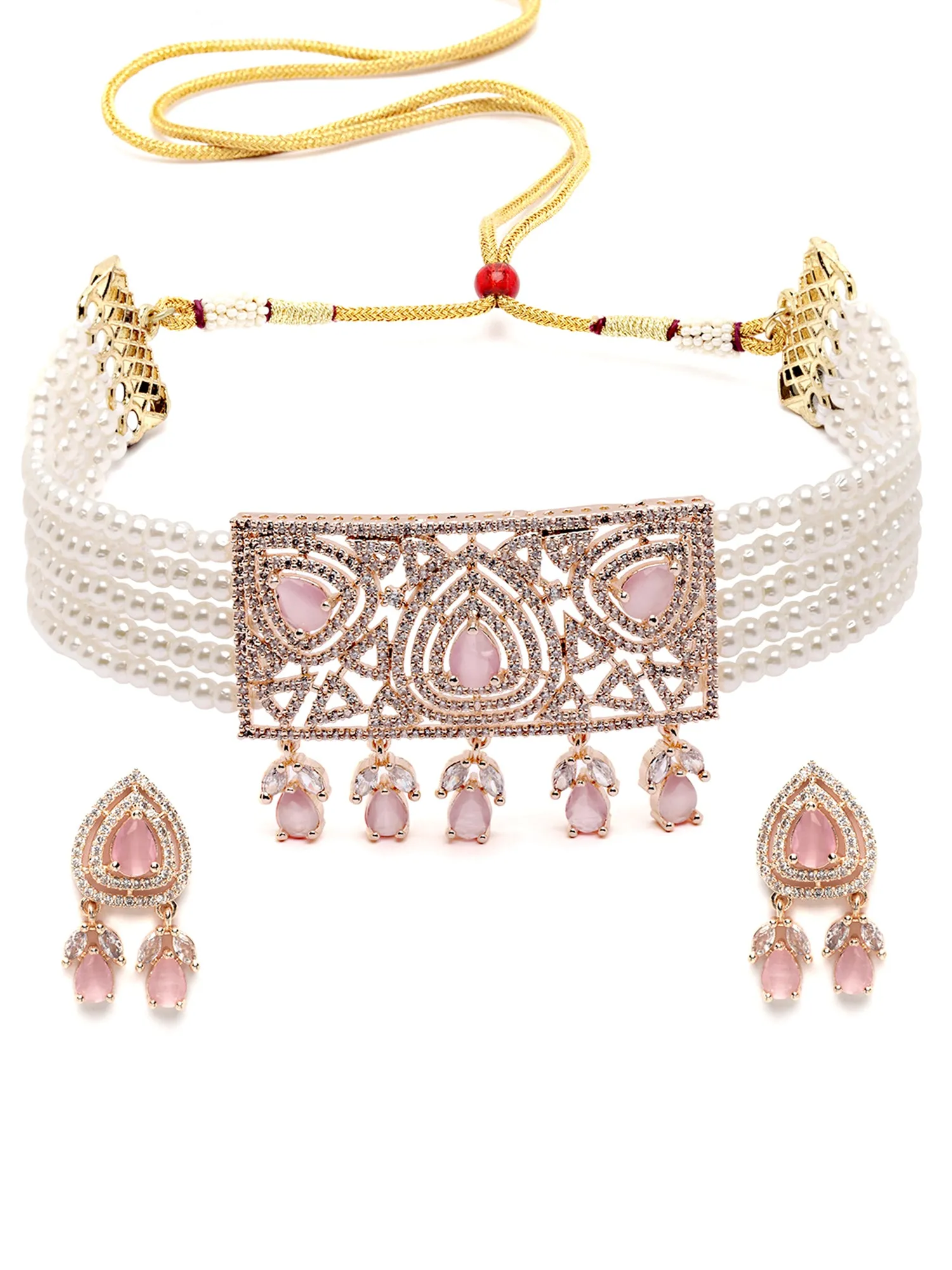 Karatcart Rose Gold Plated Pearl Beaded Cubic Zirconia Choker Necklace Set for Women
