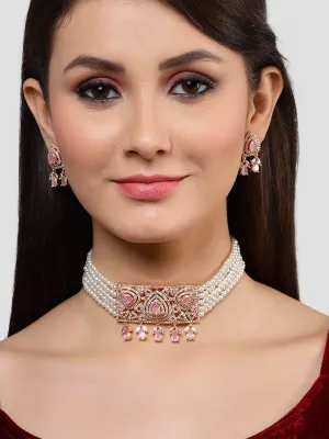 Karatcart Rose Gold Plated Pearl Beaded Cubic Zirconia Choker Necklace Set for Women