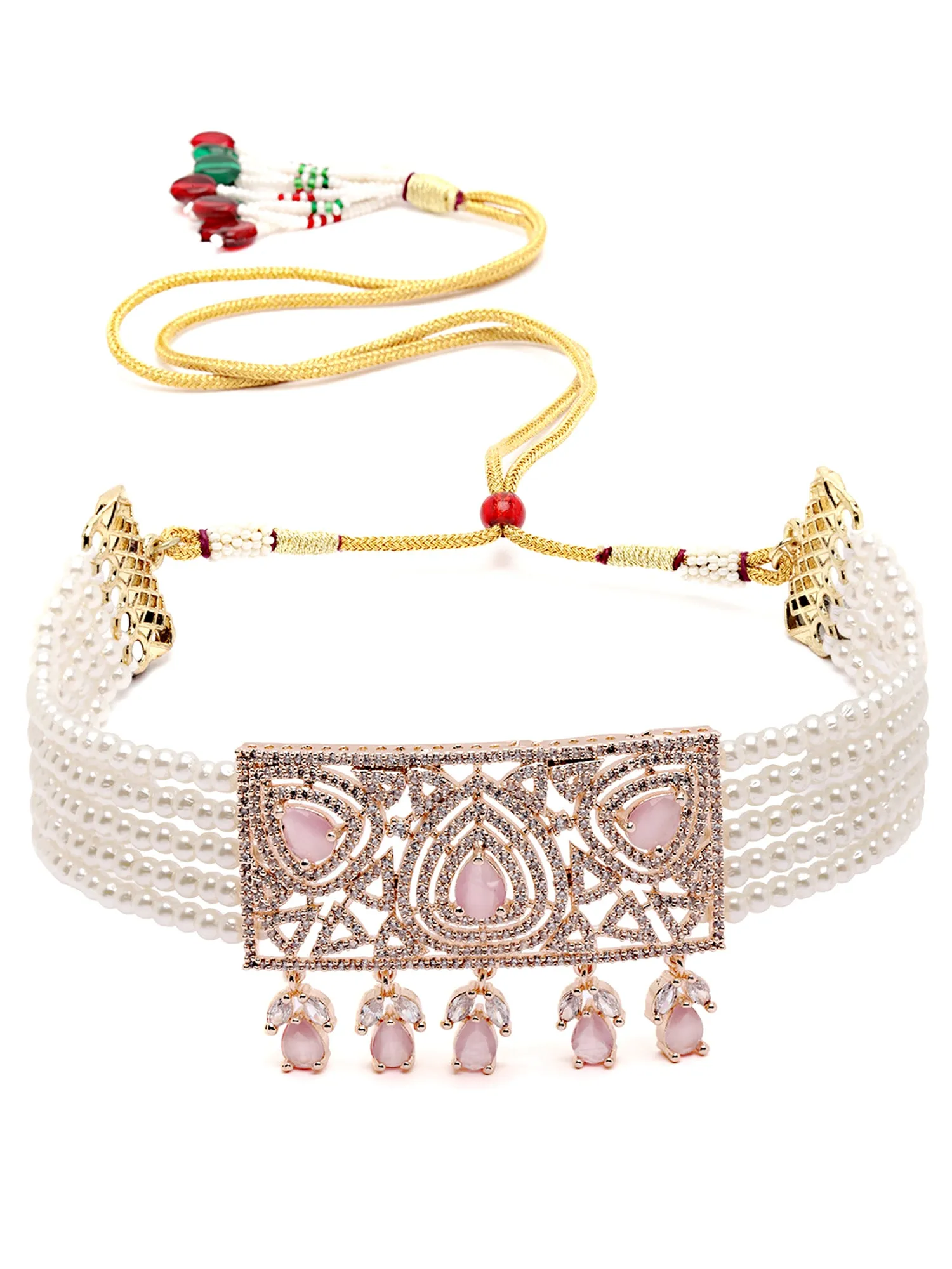 Karatcart Rose Gold Plated Pearl Beaded Cubic Zirconia Choker Necklace Set for Women