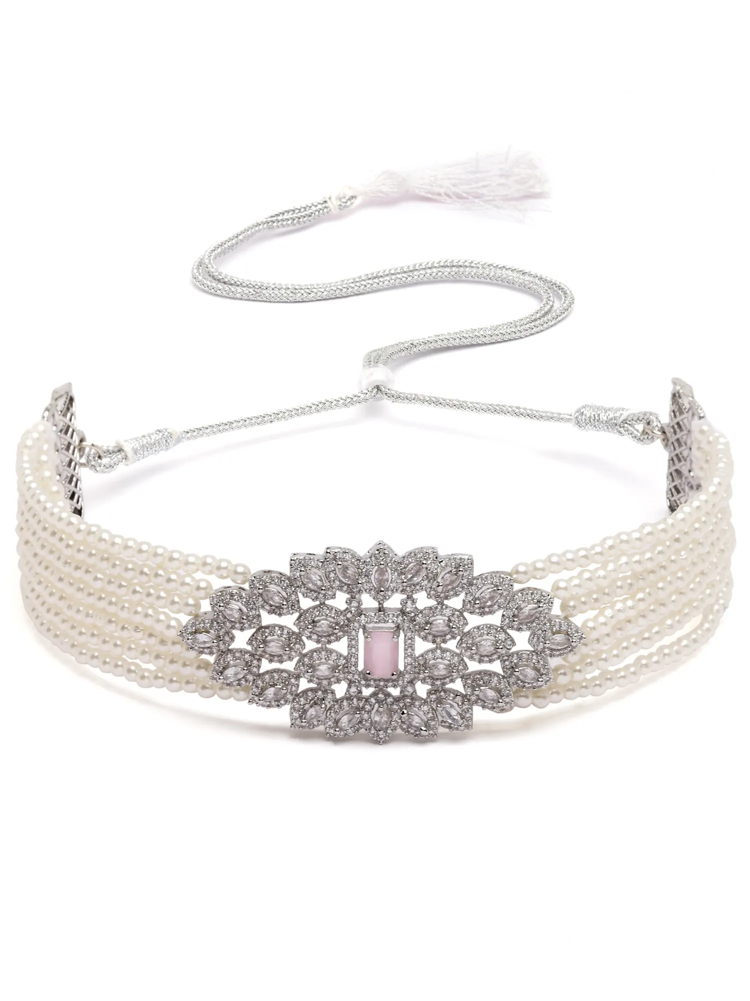 Karatcart Silver Tone Pearl Beaded Pink Cubic Zirconia Choker Necklace Set for Women