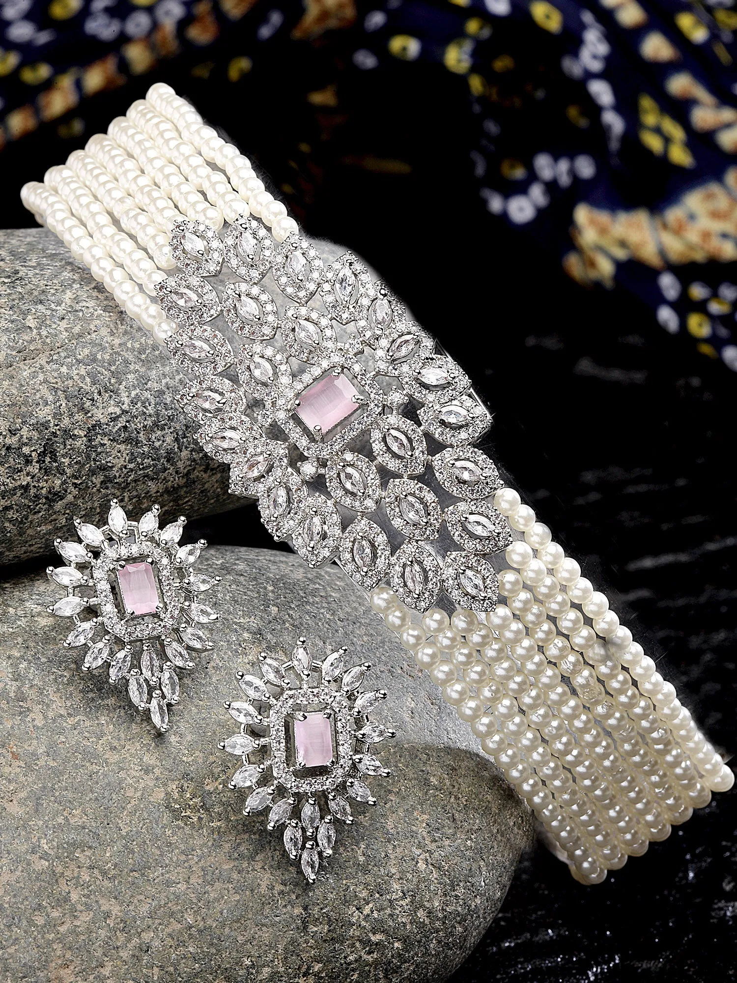 Karatcart Silver Tone Pearl Beaded Pink Cubic Zirconia Choker Necklace Set for Women