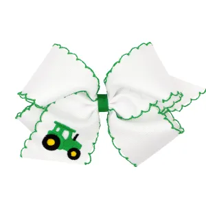 King Grosgrain Hair Bow with Moonstitch Edge and Farm Embroidery - Green Tractor