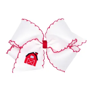 King Grosgrain Hair Bow with Moonstitch Edge and Farm Embroidery - Red Barn