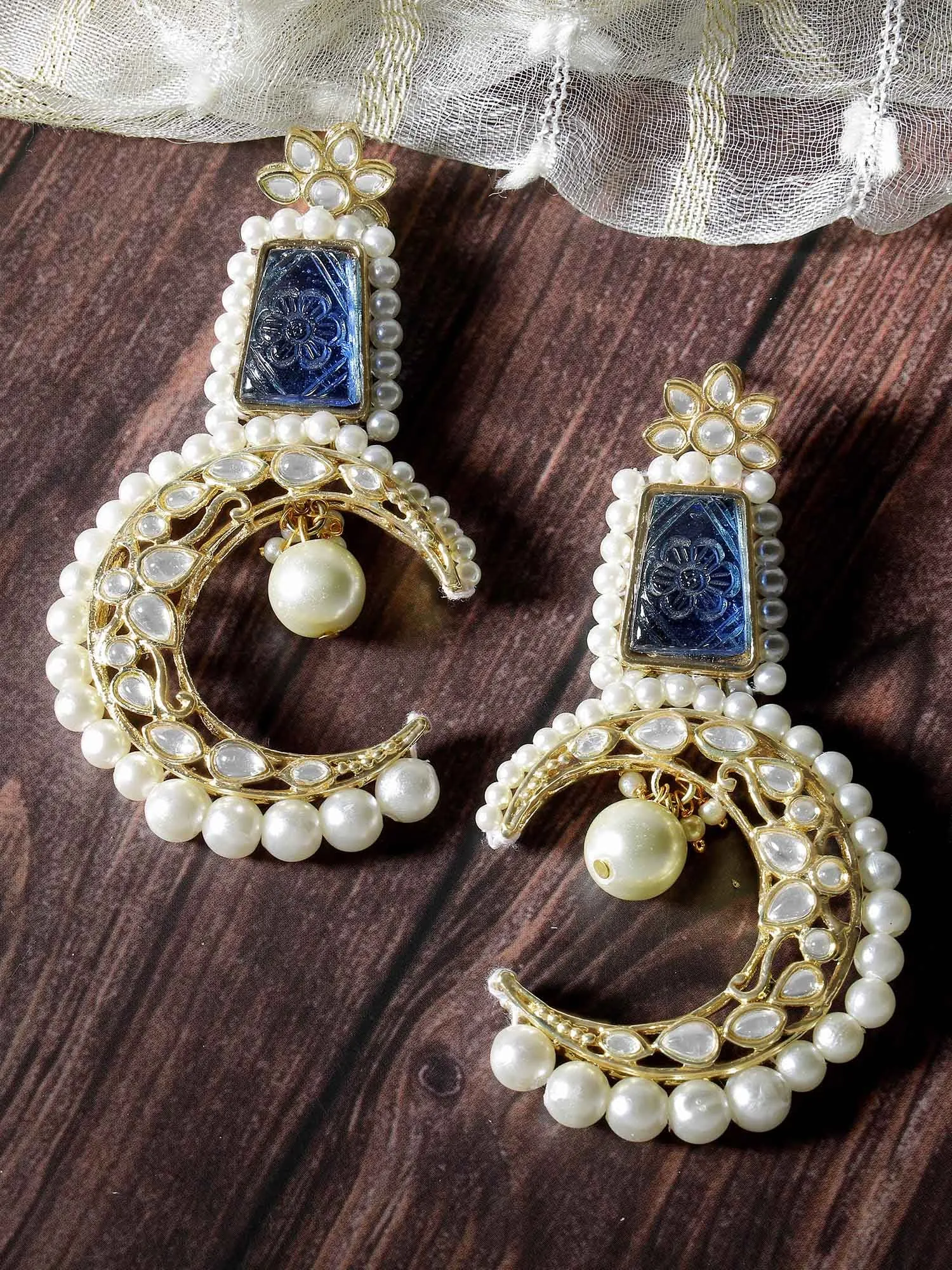 Kraratcart Gold Plated Blue Carved Stone Pearl Beaded Moon Shape Kundan Drop Earrings for Women