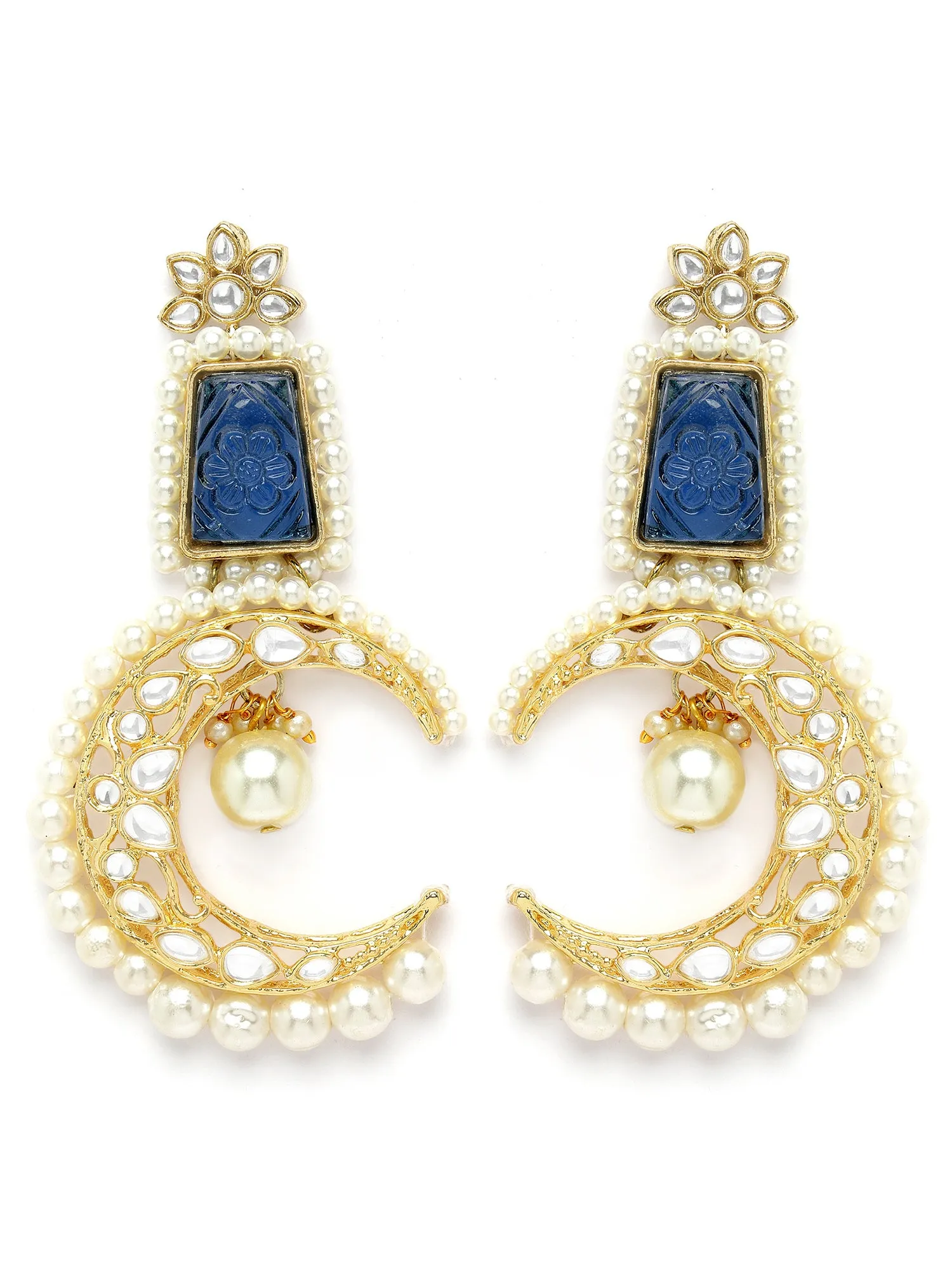 Kraratcart Gold Plated Blue Carved Stone Pearl Beaded Moon Shape Kundan Drop Earrings for Women