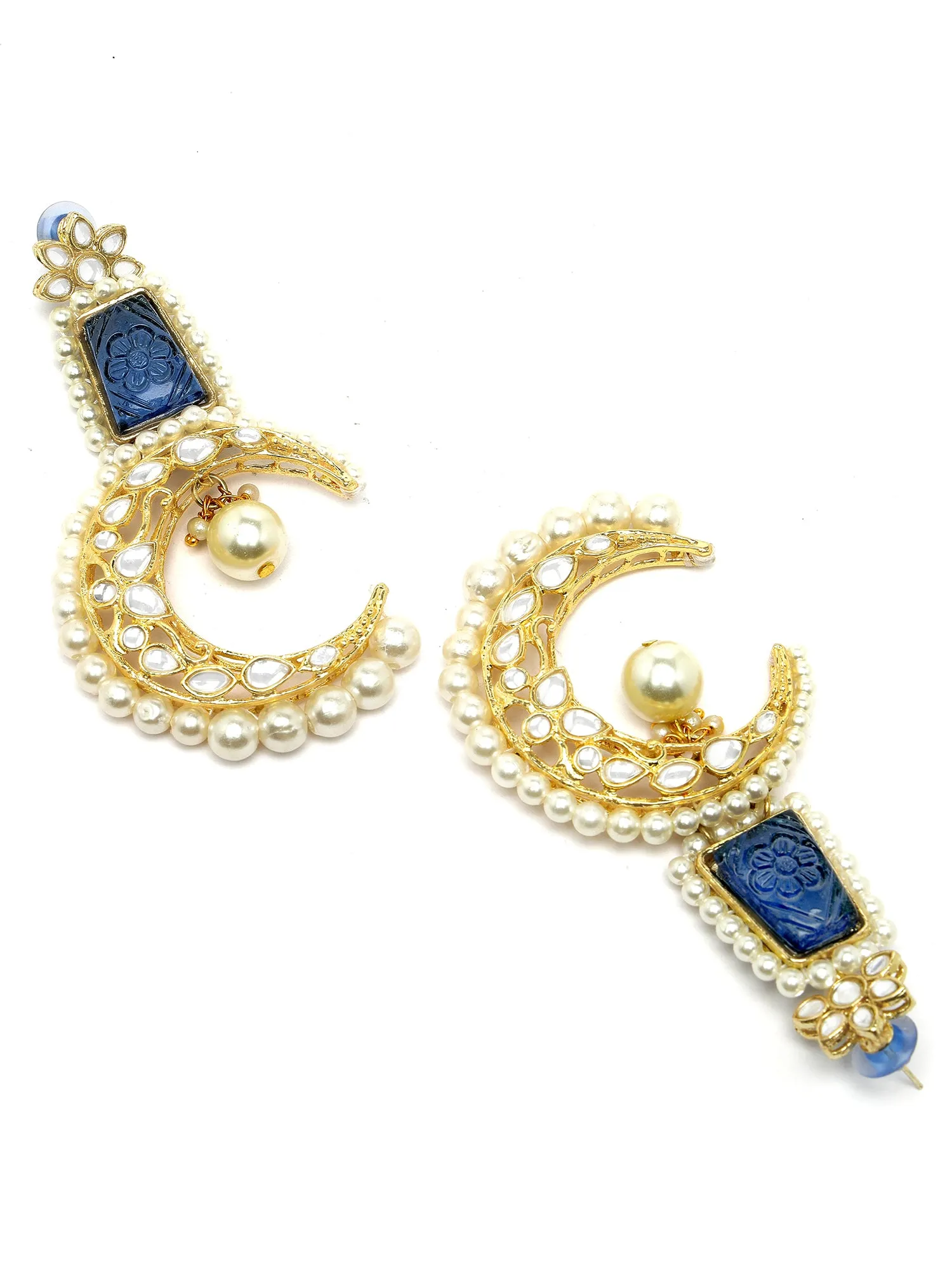 Kraratcart Gold Plated Blue Carved Stone Pearl Beaded Moon Shape Kundan Drop Earrings for Women