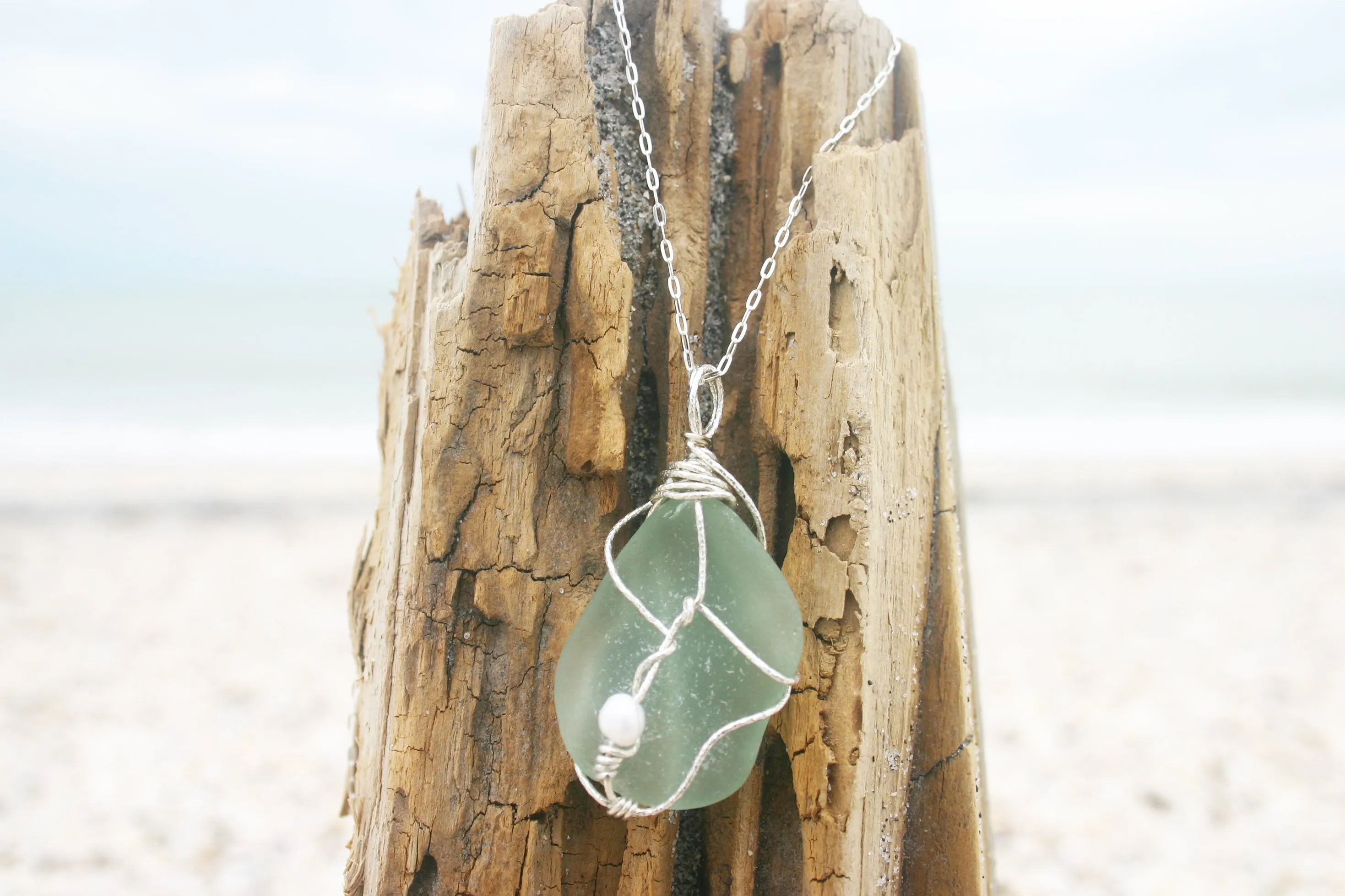 Large Aqua Sea Glass Sterling Silver Necklace