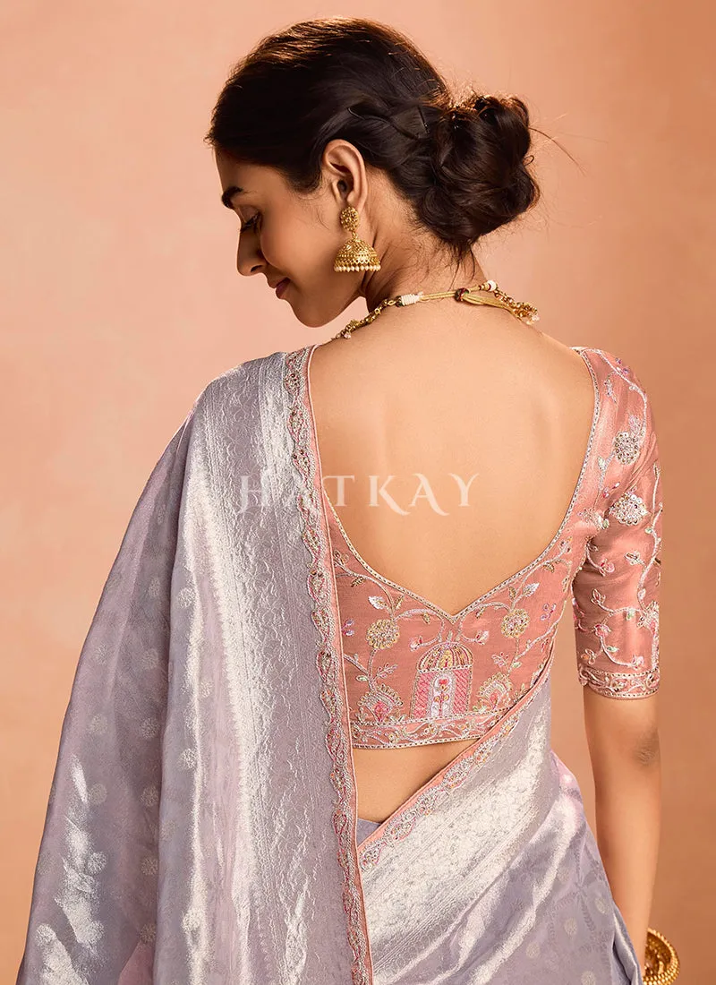 Lavender And Pink Embroidery Saree