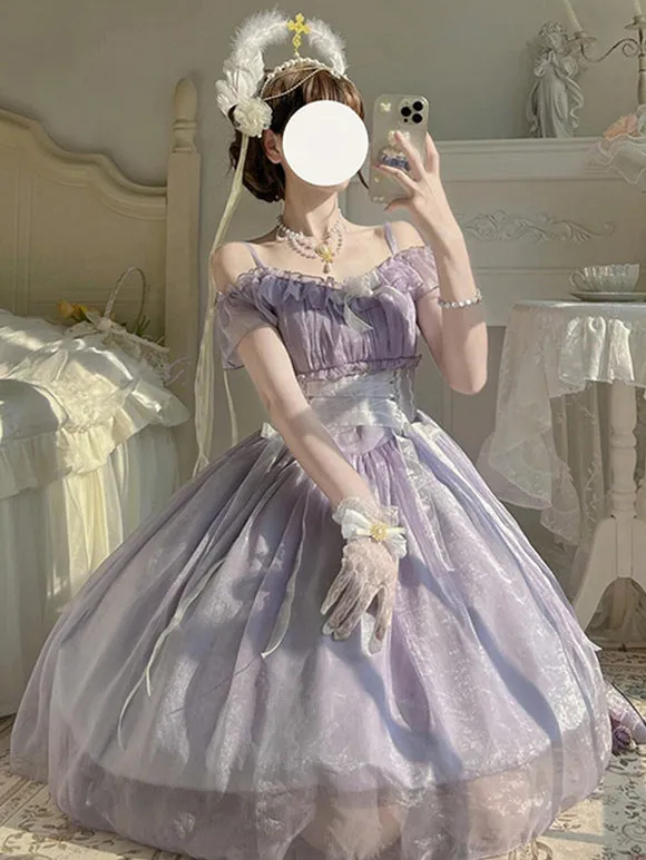 Lavender Princess Style Sweet Lolita Dress Floral Lace Ribbon Accents