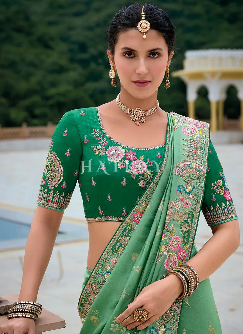 Light Green Floral Embroidery Saree
