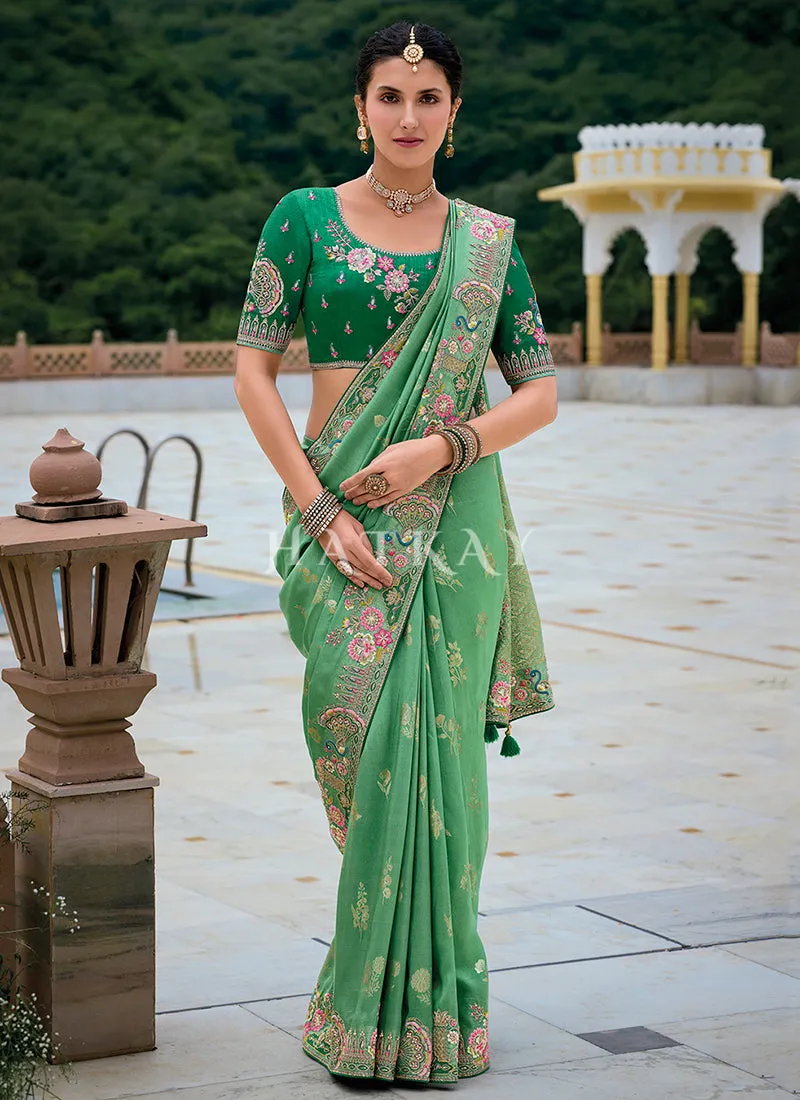 Light Green Floral Embroidery Saree