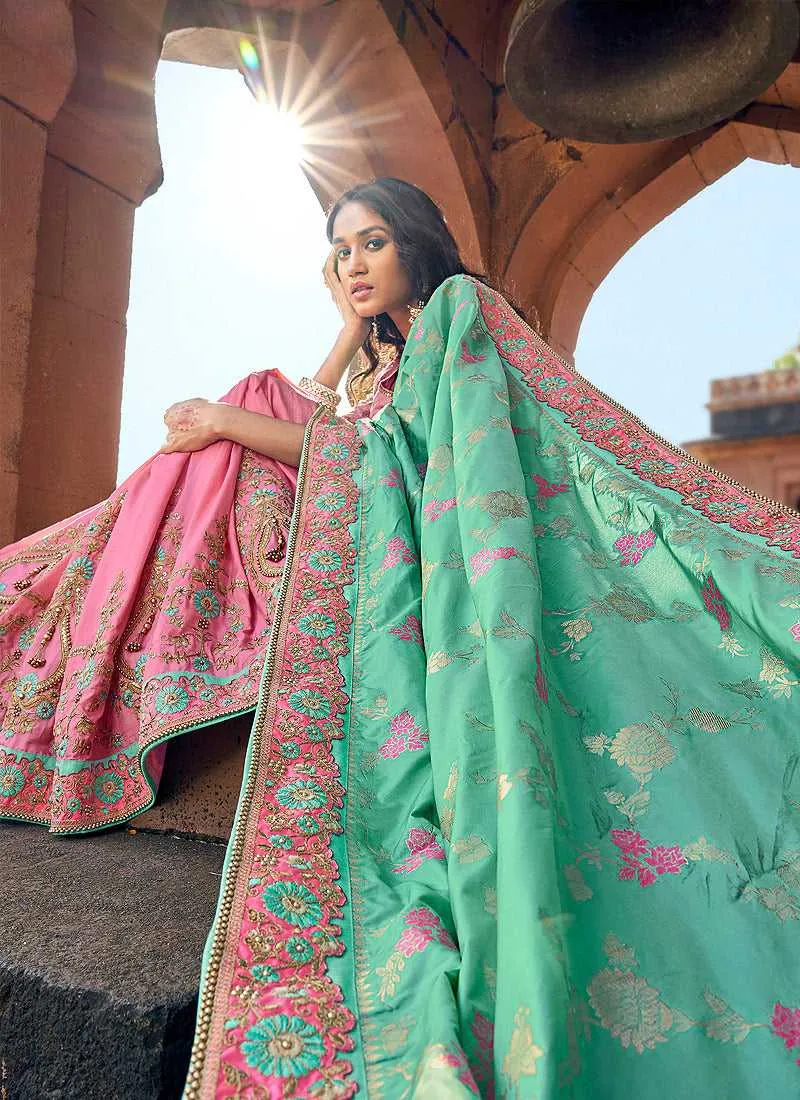Light Pink and Green Embroidered Bollywood Style Saree