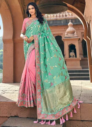 Light Pink and Green Embroidered Bollywood Style Saree