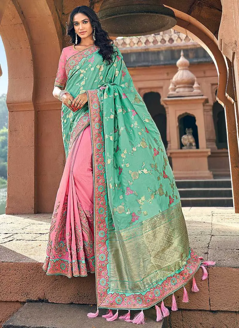 Light Pink and Green Embroidered Bollywood Style Saree