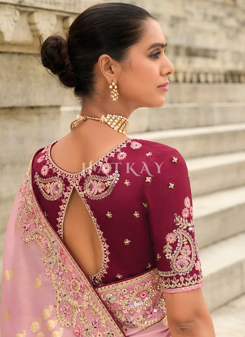 Light Pink And Wine Multi Embroidery Saree