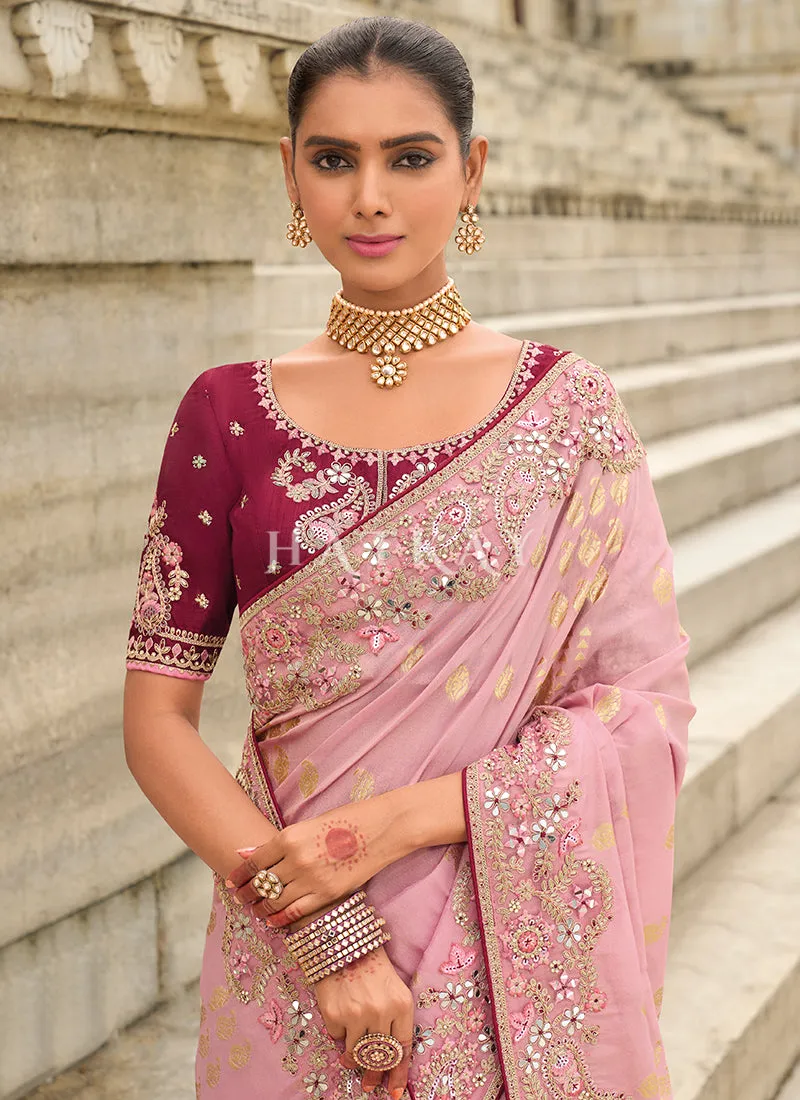 Light Pink And Wine Multi Embroidery Saree