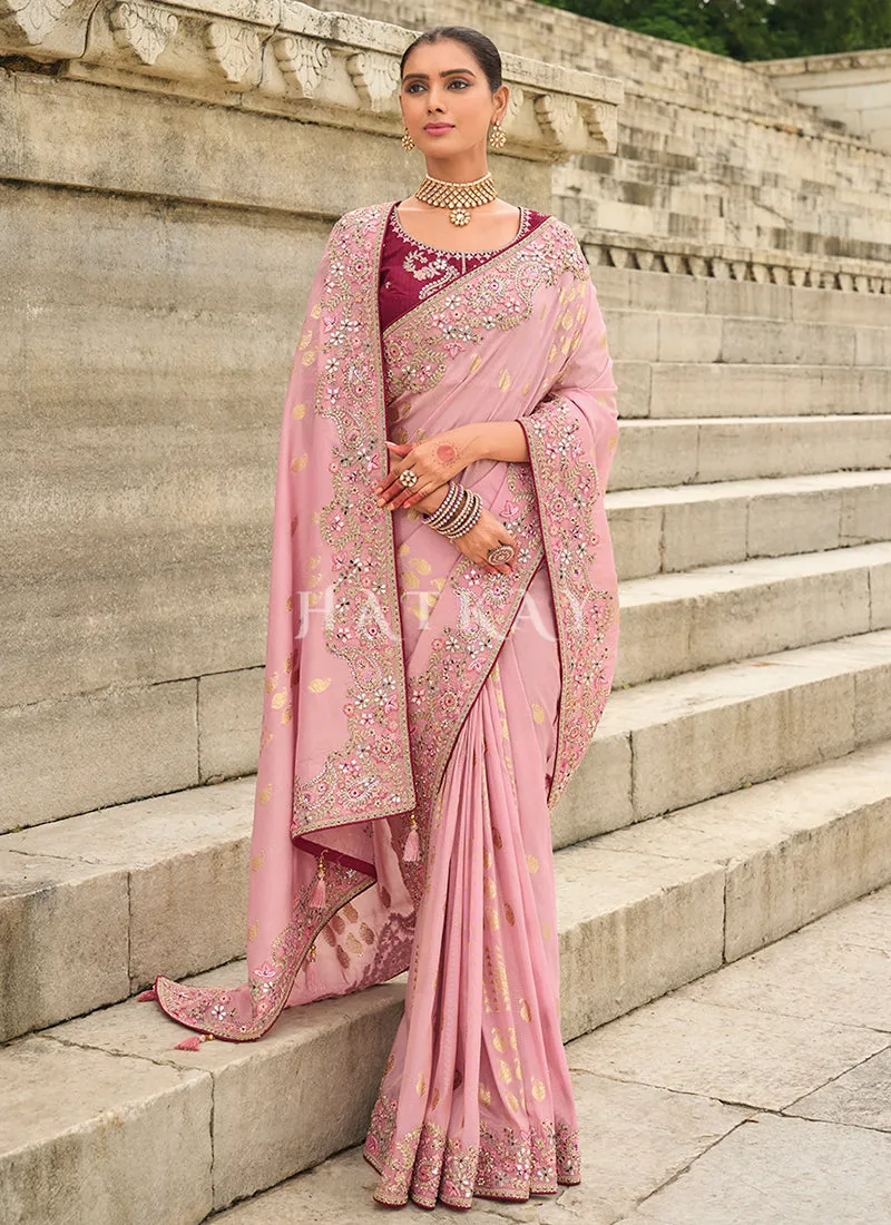 Light Pink And Wine Multi Embroidery Saree