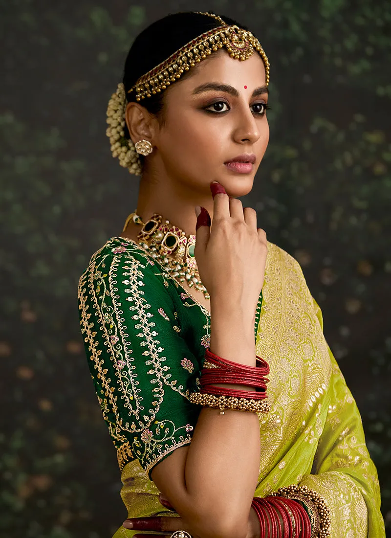 Lime And Green Multi Embroidery Silk Saree
