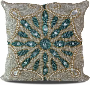 Linen Beaded Starbust Throw Pillow in Teal, Gold and Silver (14x14)